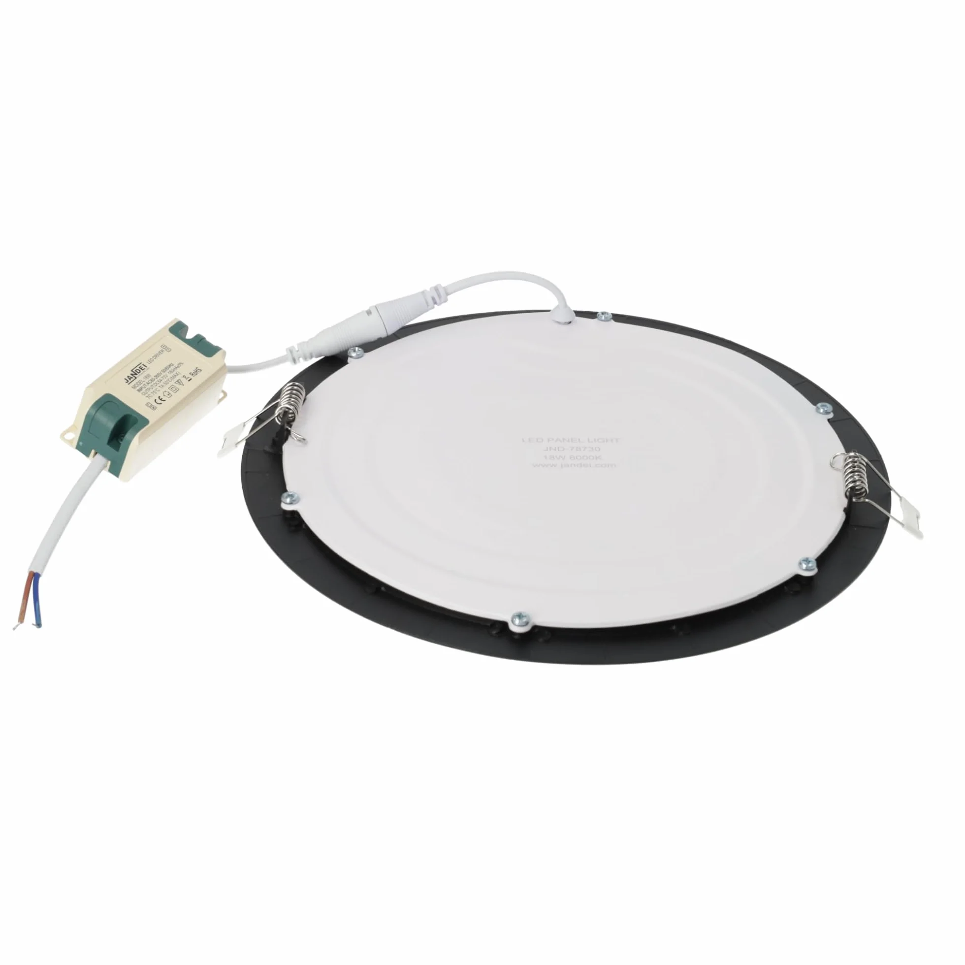 Jandei - LED Downlight 18 W okrągłe, wpuszczane mieszkanie, 1440 Lum, wnętrze IP20 z czarną ramą, puste cięcie Ø 200-Ø 205 mm, ekstra płaski 13 mm, transformator w zestawie (ciepła biel 3000k)