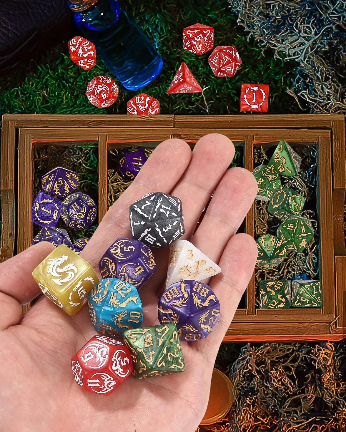 Wielościenne Kości do Gier 7 x 7 (49 szt.) Zestaw Błyszczące z 7 Czarnymi Workami D4 D8 D10 D12 D20 do Dungeons & Dragons RPG MTG DND