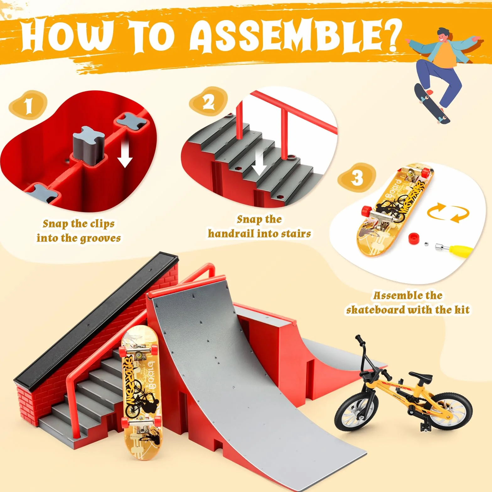 MOMSIV Mini Finger deskorolka i zestaw akcesoriów do ramp, możliwość dopasowania i budowania, zestaw ramp z deską na palec, skate park, pokład, ciężarówka, rampa, zestaw zabawkowy dla dzieci od 6 lat