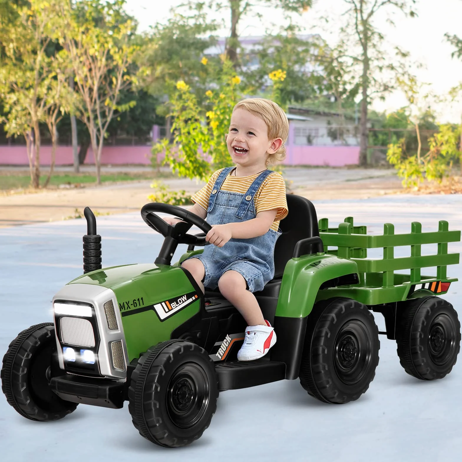 COSTWAY Traktor 12 V, 3-biegowy ze zdejmowaną przyczepą i pilotem zdalnego sterowania 2,4 G, traktor do siedzenia dla dzieci ze światłami LED, muzyka, klakson i funkcje USB, odpowiedni dla dzieci od 3