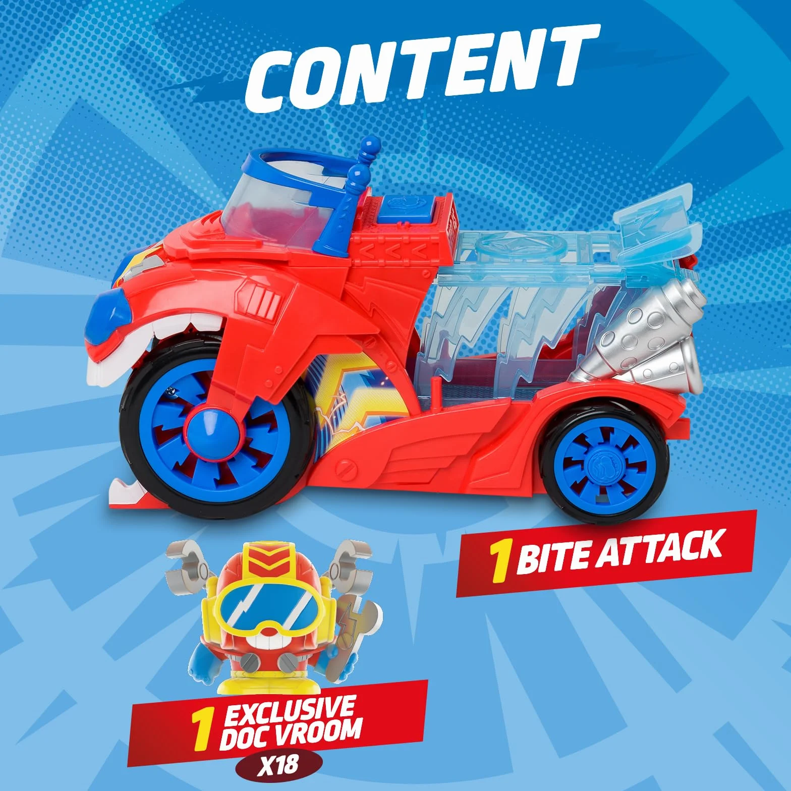SUPERTHINGS – Bite Attack. Pojazd Doc Vrooma z serialu „SuperThings Kazoom Power”. Zawartość: 1 pojazd Bite Attack, 1 ekskluzywny Doc Vroom, 1 odczepiane więzienie