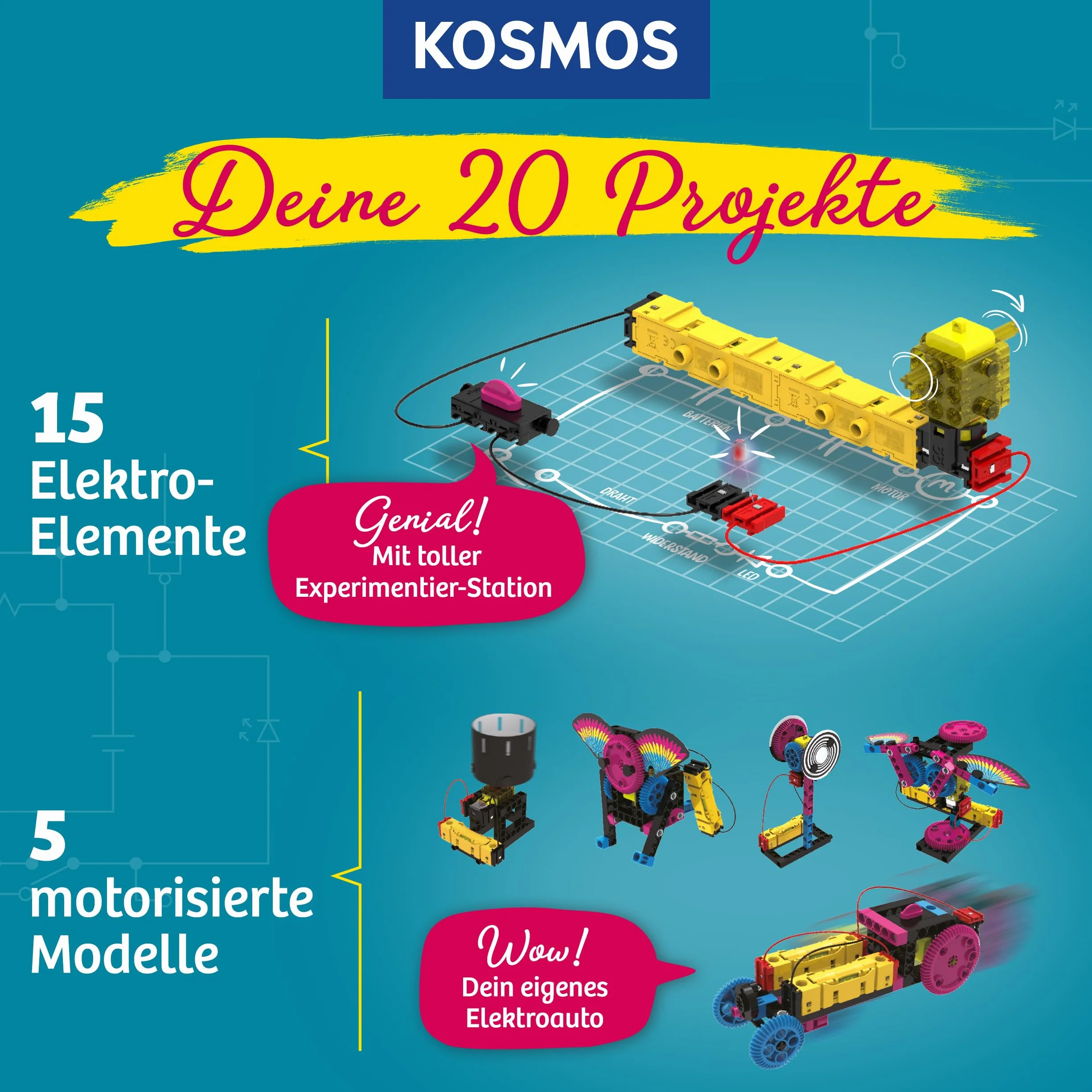 KOSMOS 620707 Electro Power – wejście w świat energii elektrycznej, Amazon Exklusiv, skrzynka eksperymentalna dla dzieci od 8 lat, zestaw klocków elektronicznych z 5 silnikami