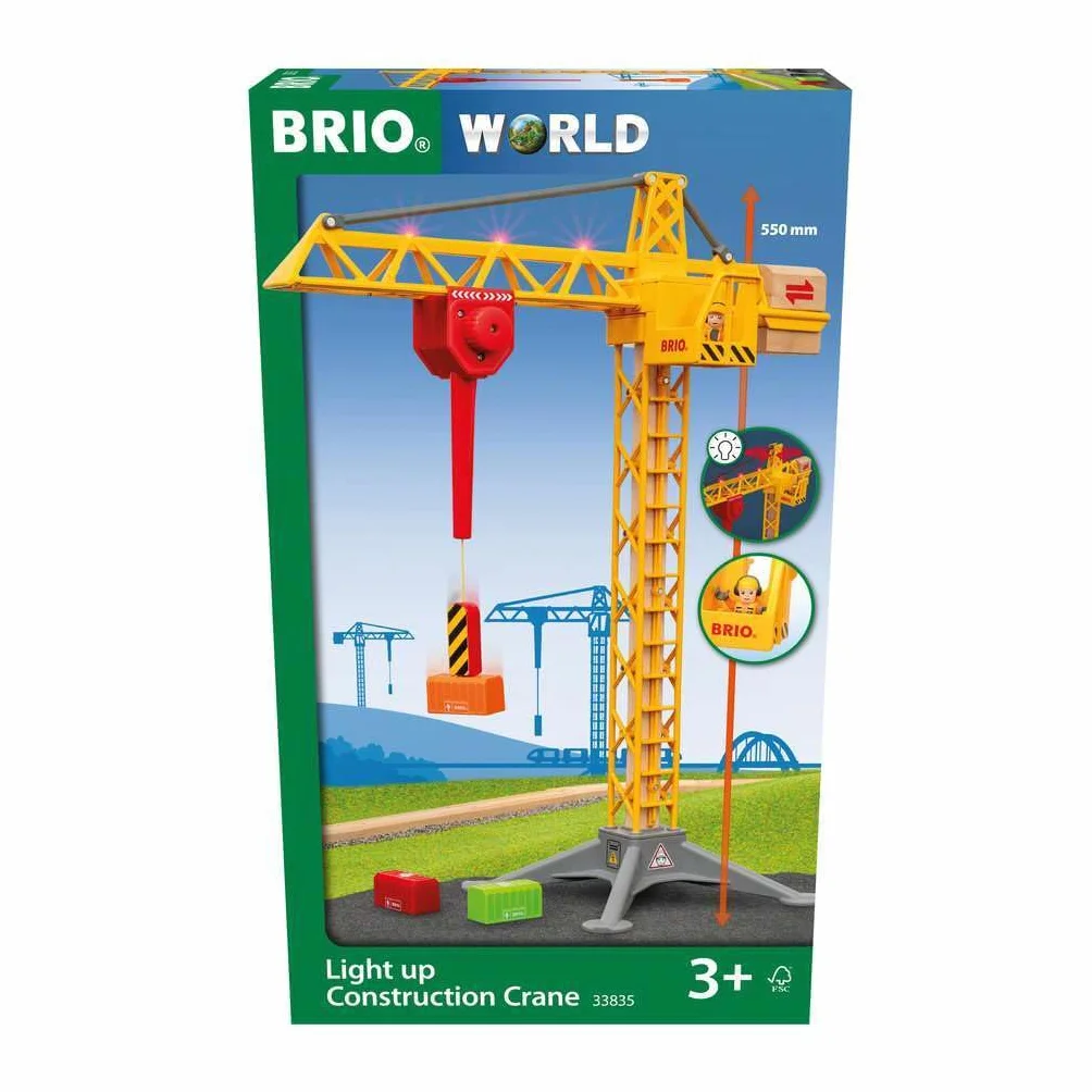 BRIO World 33835 Duży dźwig budowlany z oświetleniem - drewniane akcesoria kolejowe - polecane dla dzieci w wieku 3 lat i starszych
