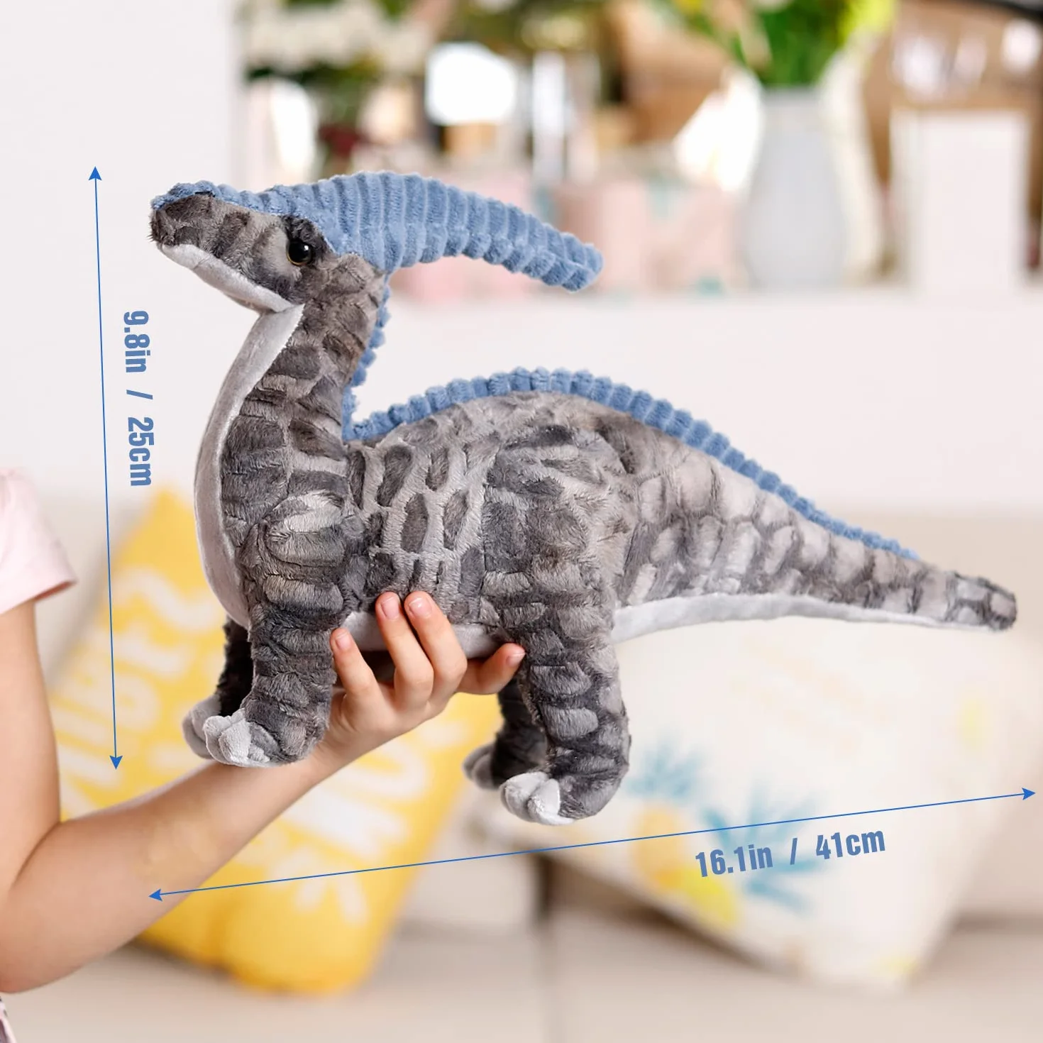 Parasaurolophus pluszowa zabawka z motywem dinozaura, 40 cm, pluszowa zabawka, miękka szarość, prezent dla wszystkich grup wiekowych i okazji