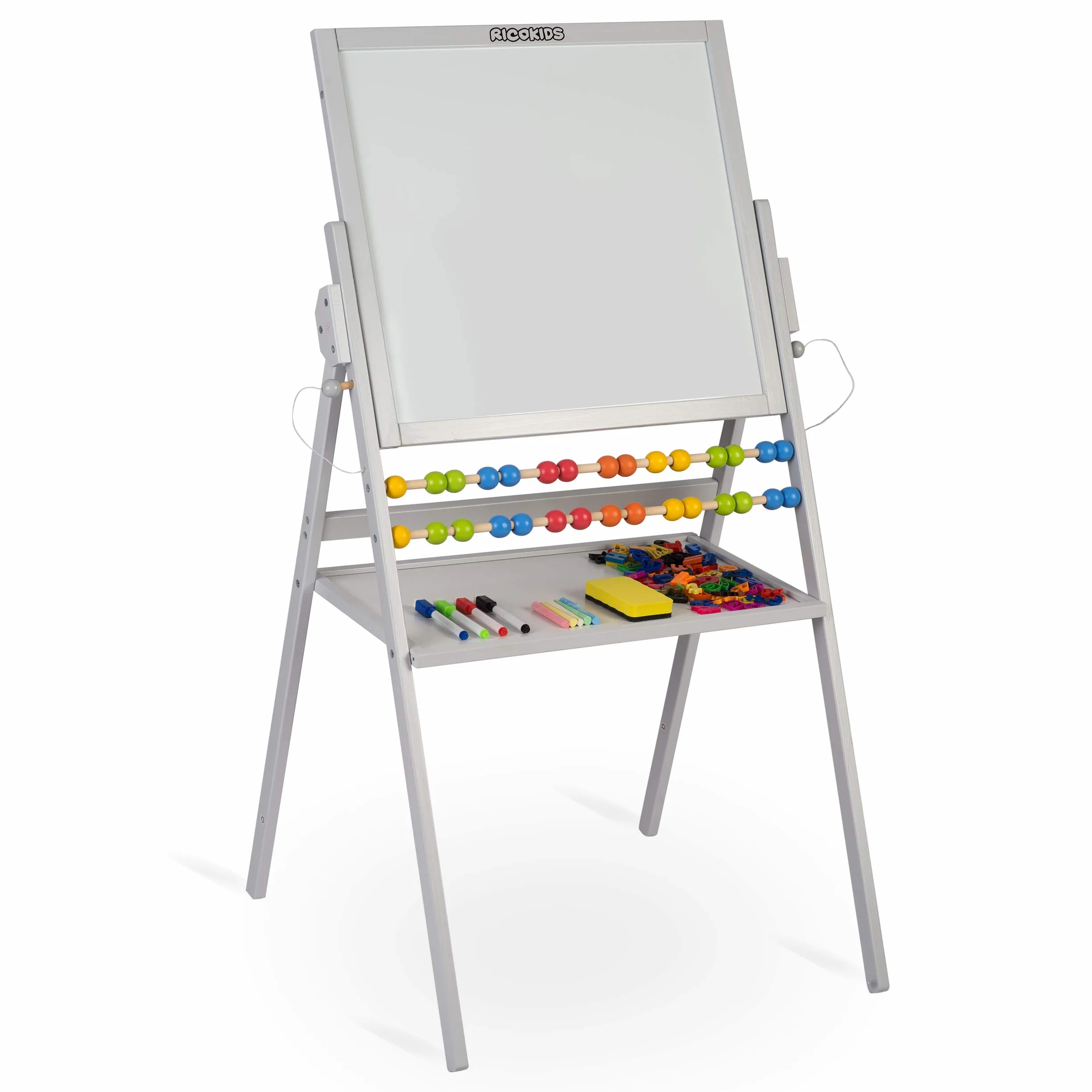 Ricokids Tablica Magnetyczna i Kredowa dla Dzieci - Tablica Dwustronna Obrotowa z Akcesoriami - Drewniana - 101 x 54 x 55 cm - Biała