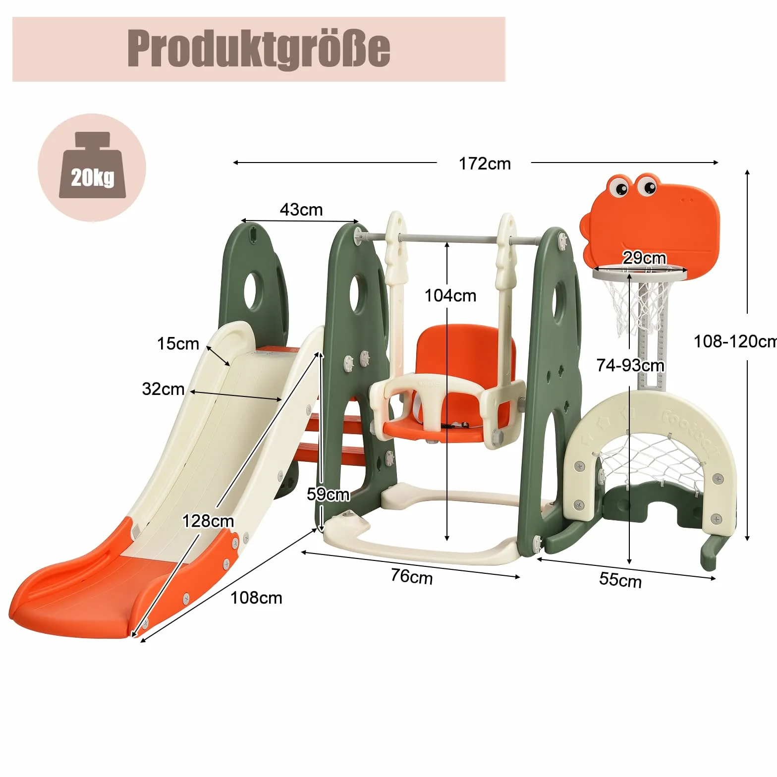 COSTWAY Plac zabaw dla dzieci 6 w 1, zjeżdżalnia i huśtawka, kosz do koszykówki, drabina, bramka do piłki nożnej i otwór golfowy, huśtawka ogrodowa, huśtawka dla dzieci, (pomarańczowa)