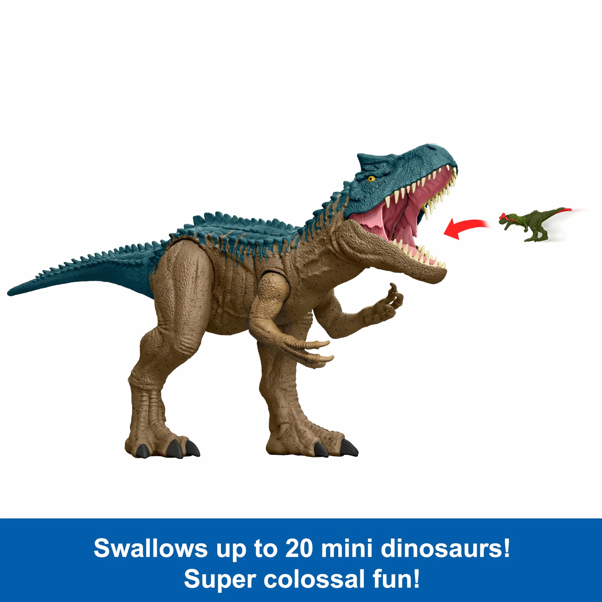 Mattel Jurassic World: Teoria chaosu Netflix - Kolosalny Allozaur Duża figurka dinozaura (96,5 cm długości) potrafiąca połknąć do 20 minifigurek, zabawka akcji, HRX53