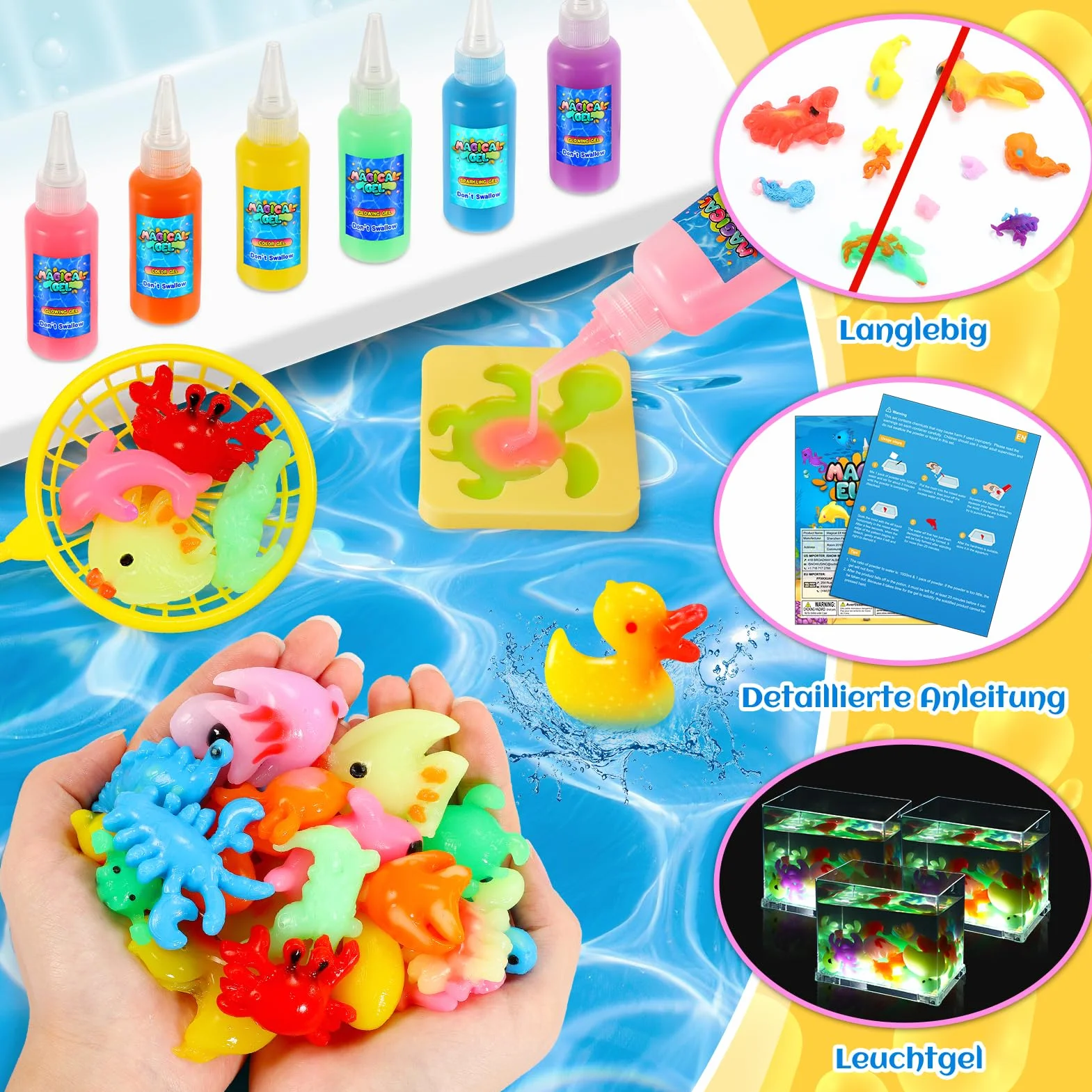 Magical Water Elf Kit – zestaw żelu wodnego dla dzieci, 10 kolorów, wodny żel wróżkowy, z 12 formami zwierząt morskich, zestaw do przygotowywania dla dzieci w wieku 4, 5, 6, 7, 8 lat, 4 różne żele)