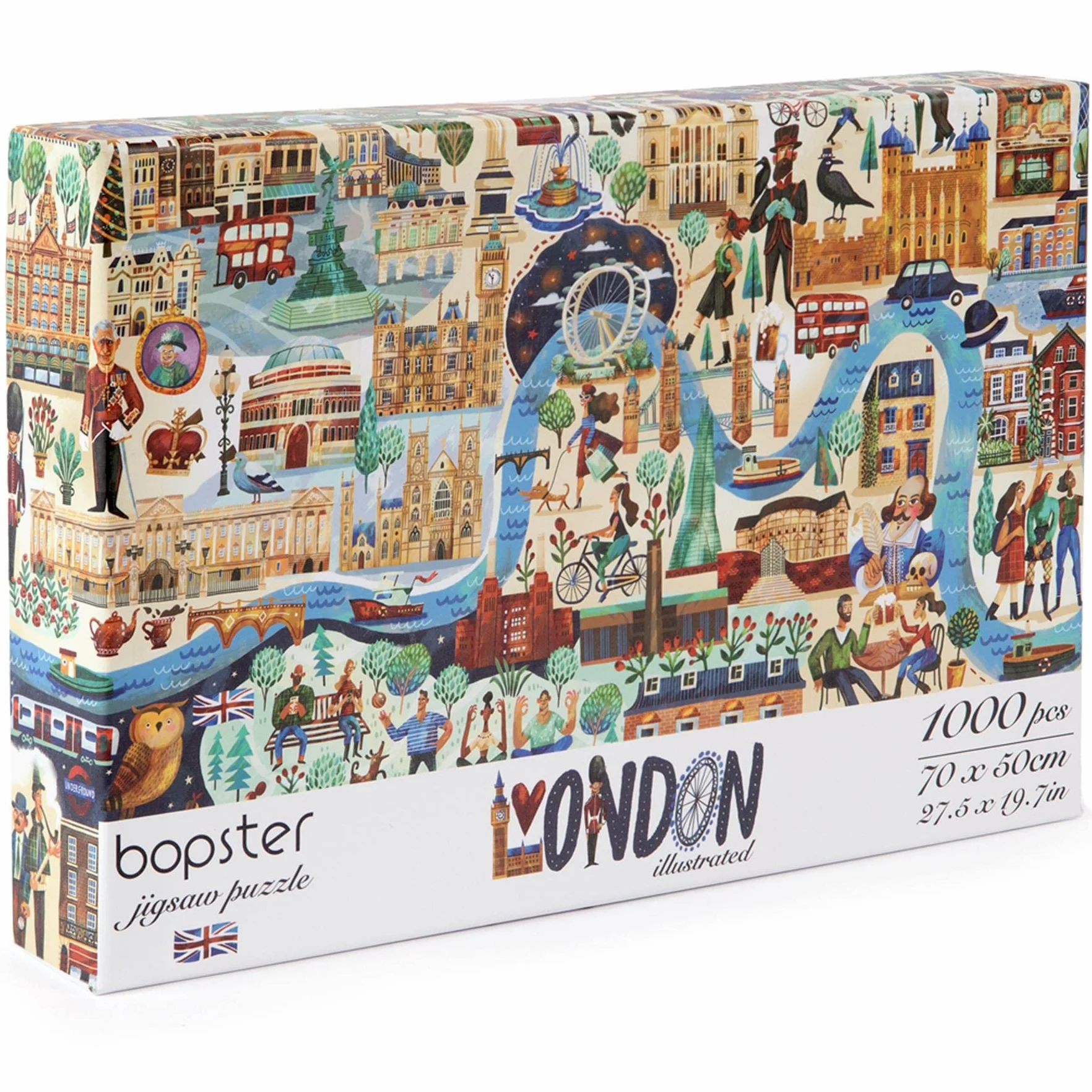 Londyn puzzle 1000 elementów, ilustrowana scena miejska z królową Elżbietą II i królem Karolem III, puzzle dla dorosłych i dzieci, karta w 100% z recyklingu, autorstwa Bopster