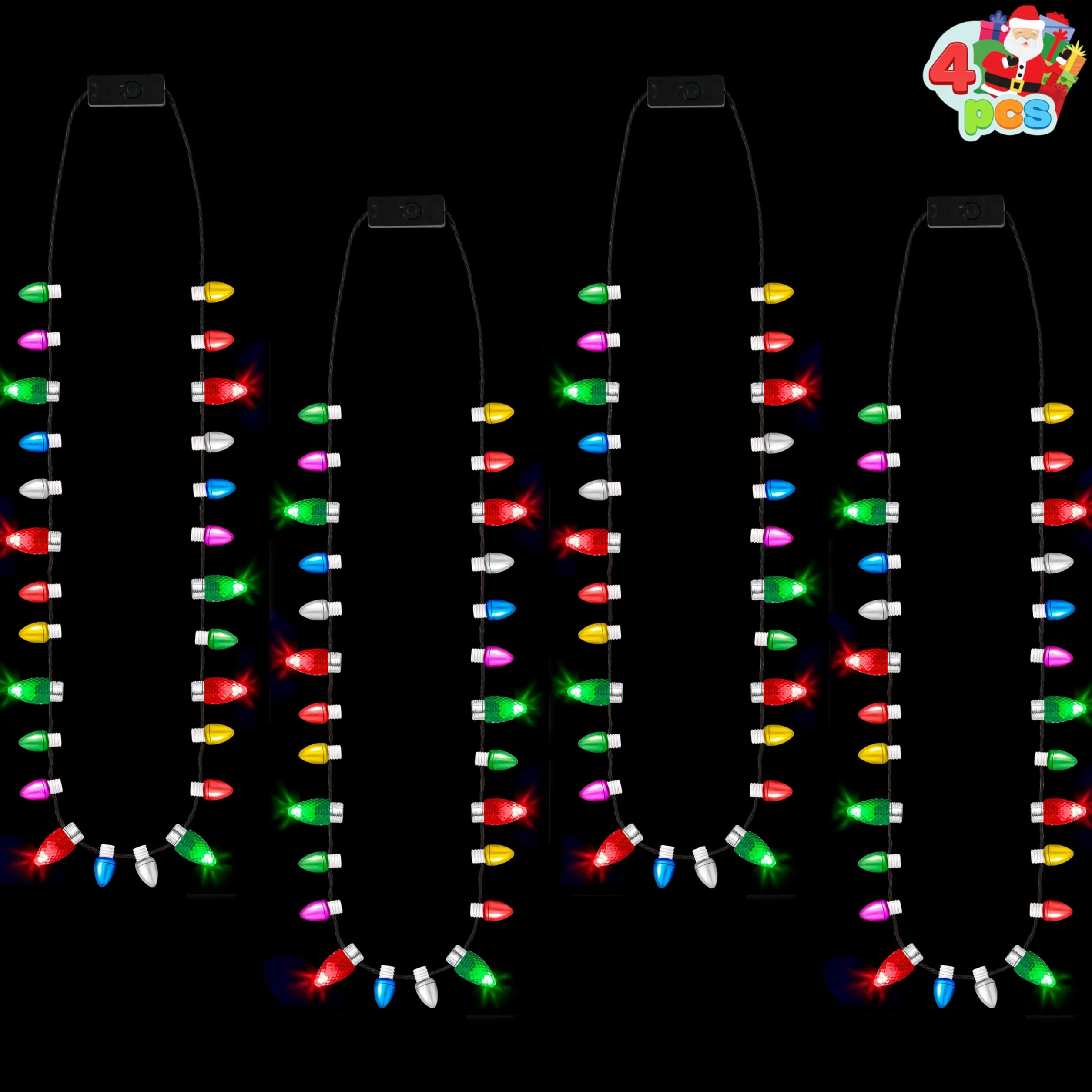 JOYIN Świąteczny mini naszyjnik z żarówkami LED, 4 sztuki, z 26 perłami i 8 świecącymi koralikami z 3 trybami oświetlenia, świecące naszyjniki na Boże Narodzenie (4 sztuki)
