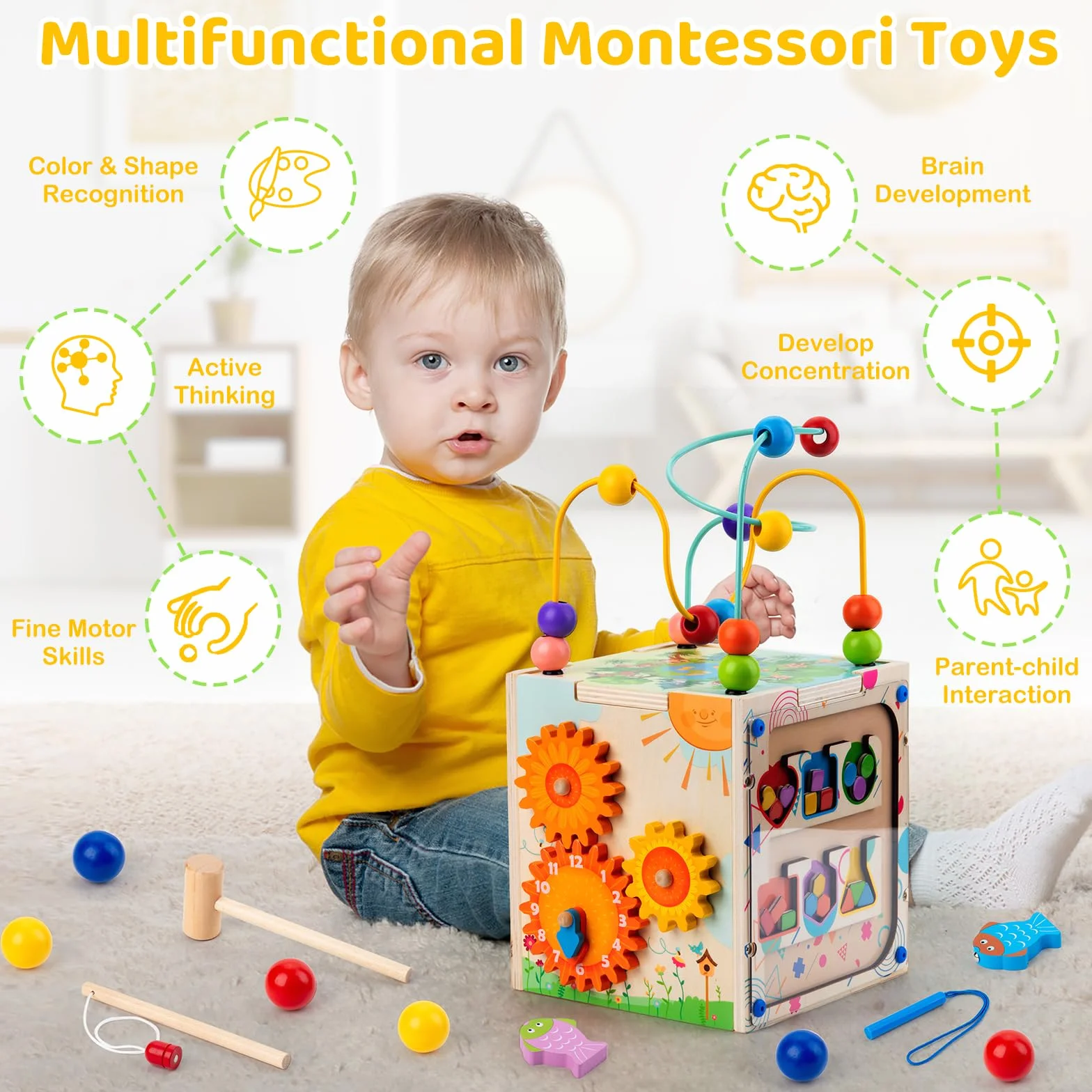 Sundaymot Montessori zabawka motoryczna, 7 w 1, zabawka motoryczna od 3 lat, idealna drewniana kostka i zabawka edukacyjna, kreatywny prezent dla chłopców i dziewczynek od 3 lat