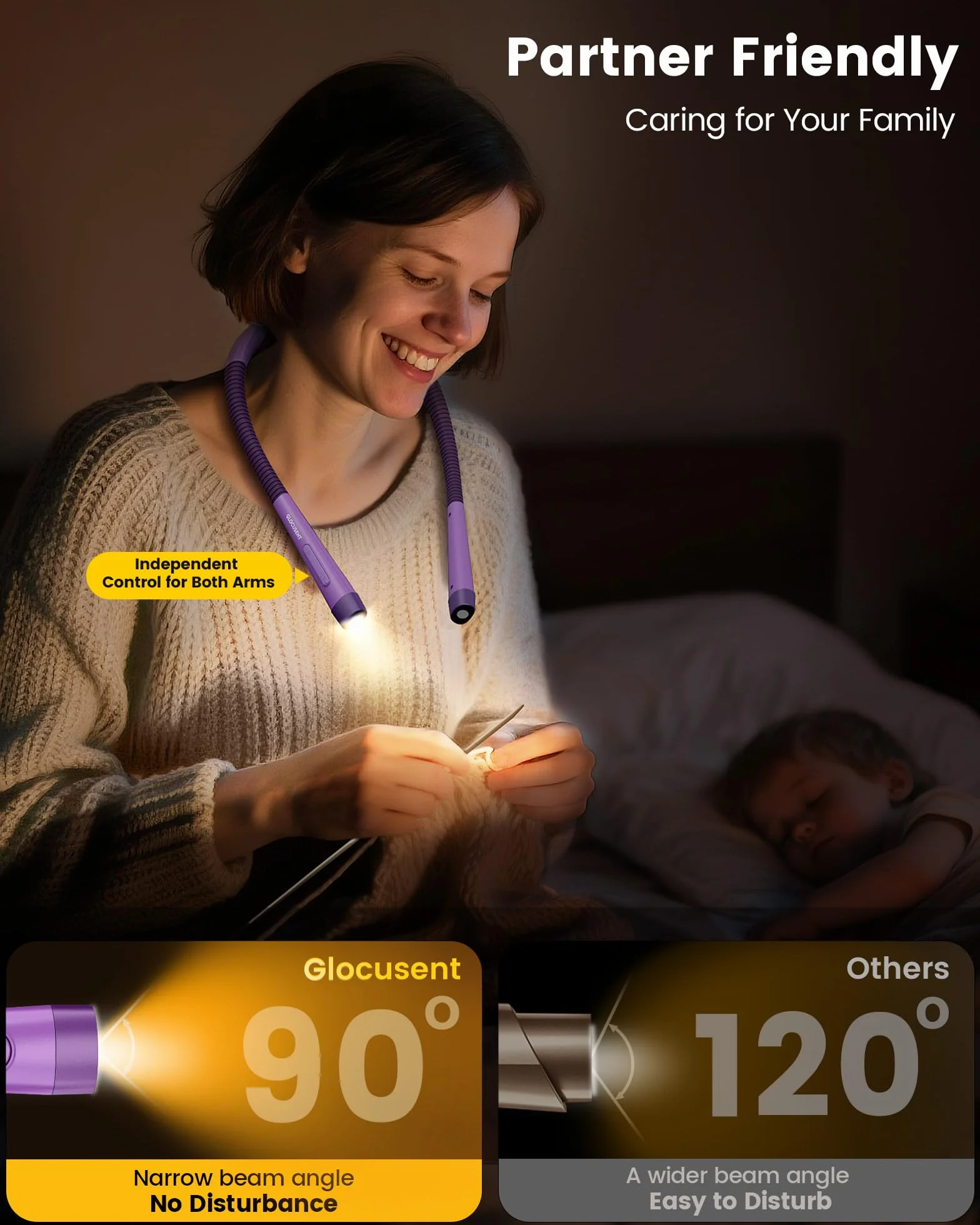 Glocusent Lampka do czytania, 1600 mAh, 100 godzin, 3 kolory i 5 jasności, lampka na szyję z timerami, pomoc w zasypianiu i blokada podróżna