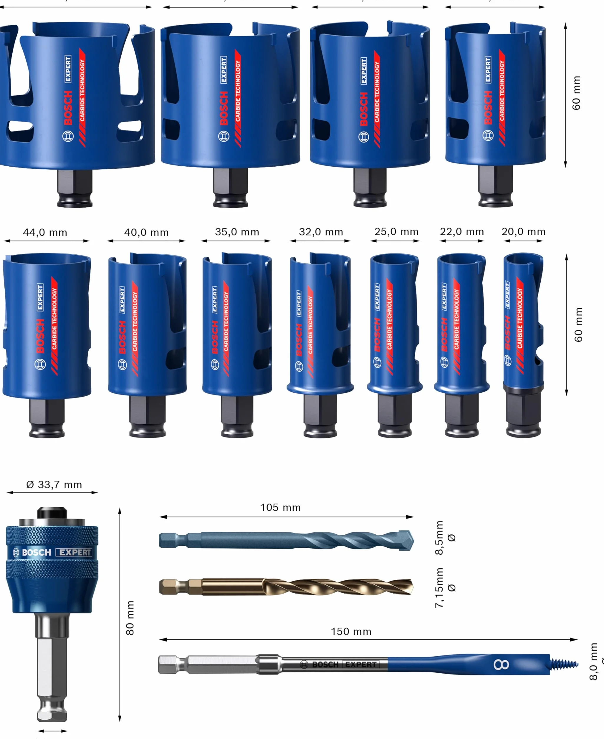 Bosch 11x Zestawy piły otwornic EXPERT Construction Material (do Miękkie drewno, Płyta wiórowa, Ø 20-76 mm, Professional Akcesoria Wiertarki/Wkrętarki)