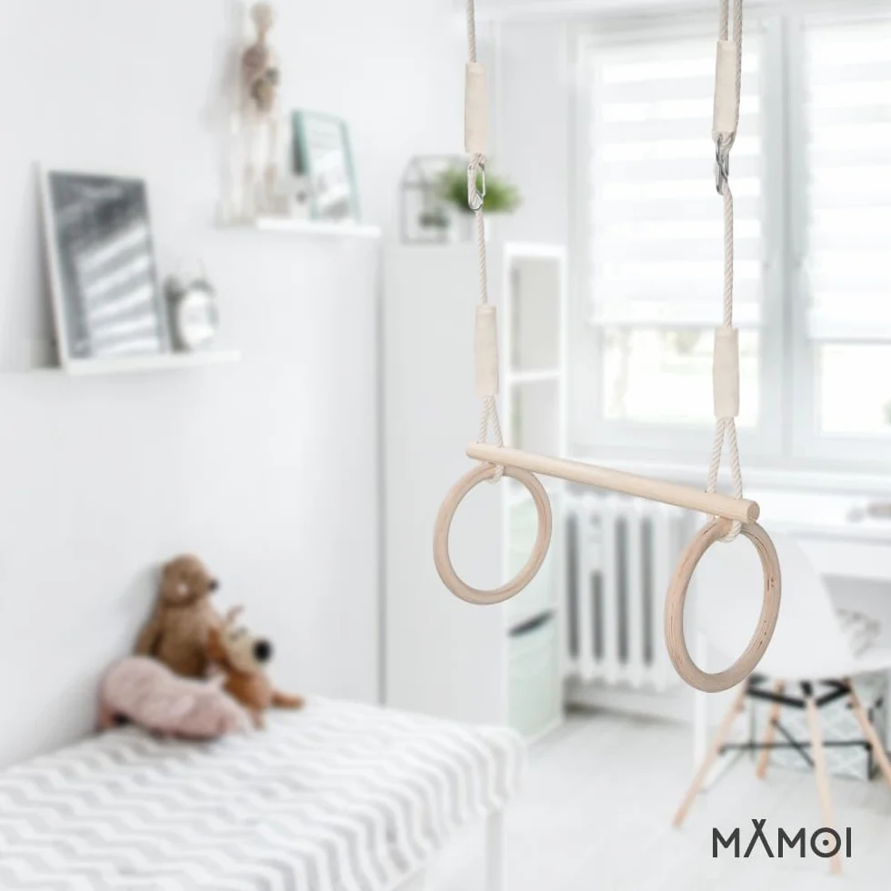 MAMOI® Kółka gimnastyczne dla dzieci 2 w 1 | Wielofunkcyjne drewniane kółka gimnastyczne dla dzieci | Drewniane pierścienie gimnastyczne | 100% ECO | Wyprodukowano w UE
