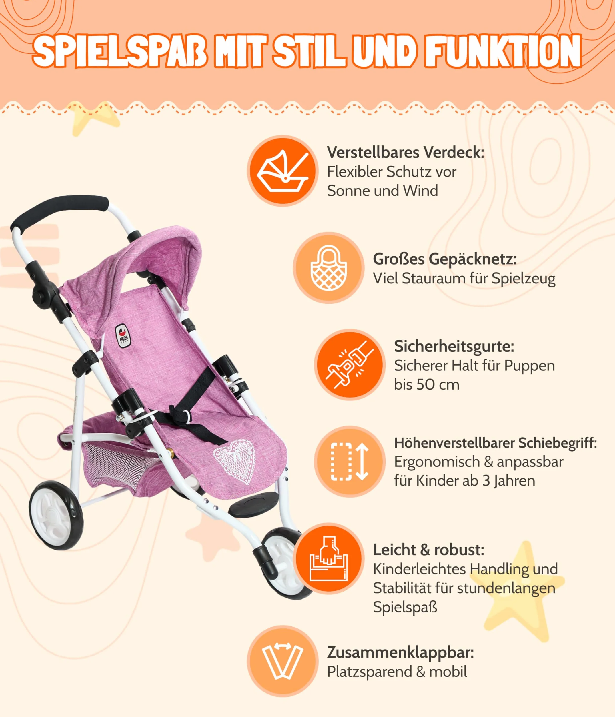 Bayer Chic 2000 - Buggy dla lalek Lola, jogger do biegania, wózek dla lalek, jednorożec, 612-43, granatowy, różowy, 70 x 33 x 62 cm