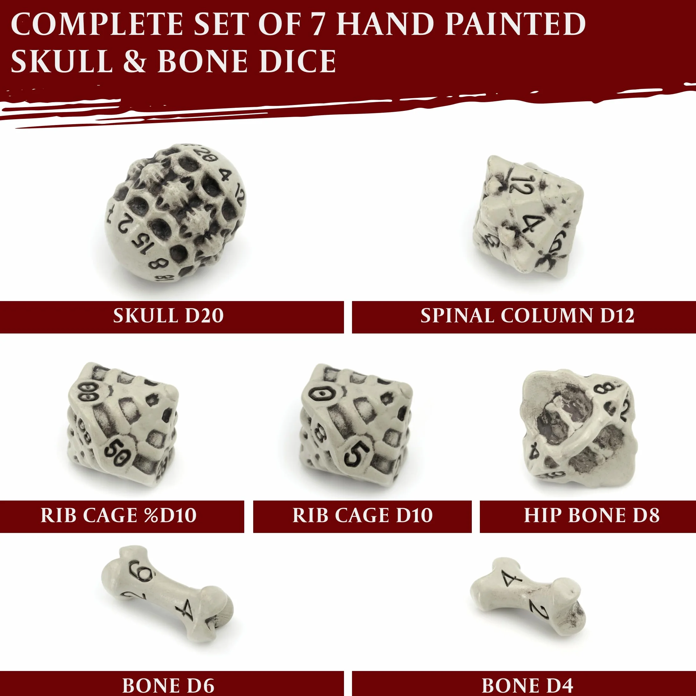 Zestaw Kości DND - Zestaw 7 Wielościennych Kości RPG Czaszka i Kości / Skull & Bone Dice Set - D20, D12,%D10, D10, D8, D6 i D4. Prezent dla Fanów Dungeons & Dragons, Pathfinder, D&D Akcesoria (Białe)