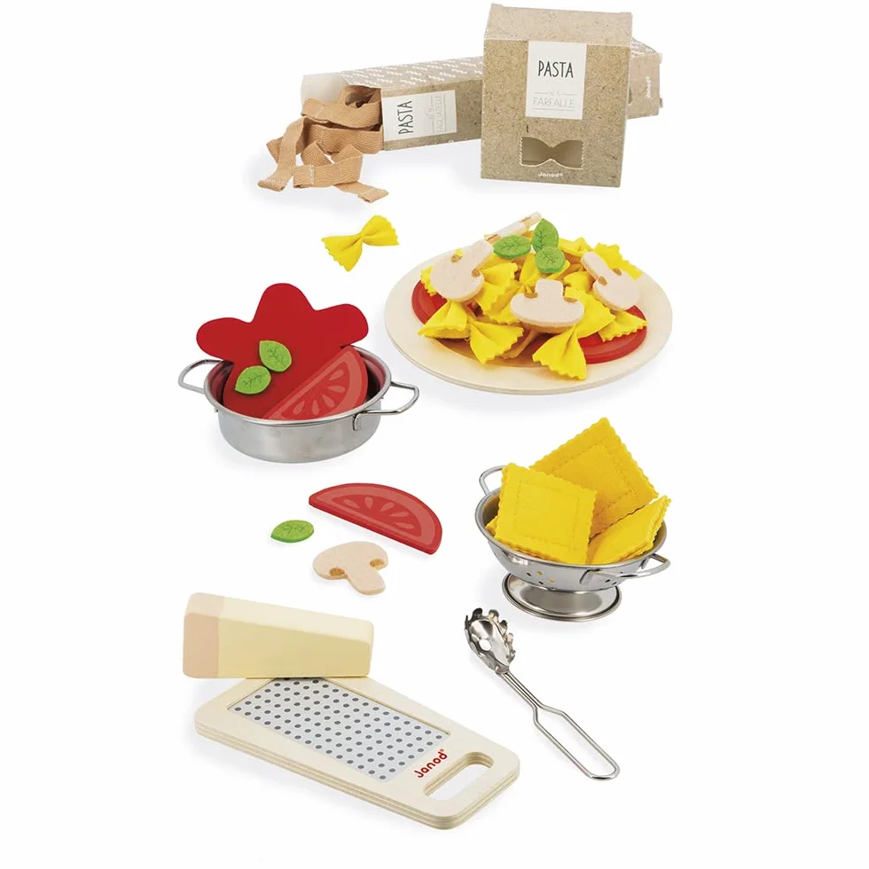 Janod - Pasta Mix - Zestaw Makaronów - Imitacja Gotowanie i Dinette - 58 elementów w zestawie z drewna, kartonu i filcu - Certyfikat FSC - Farba na bazie wody - Od 3 lat, J06598