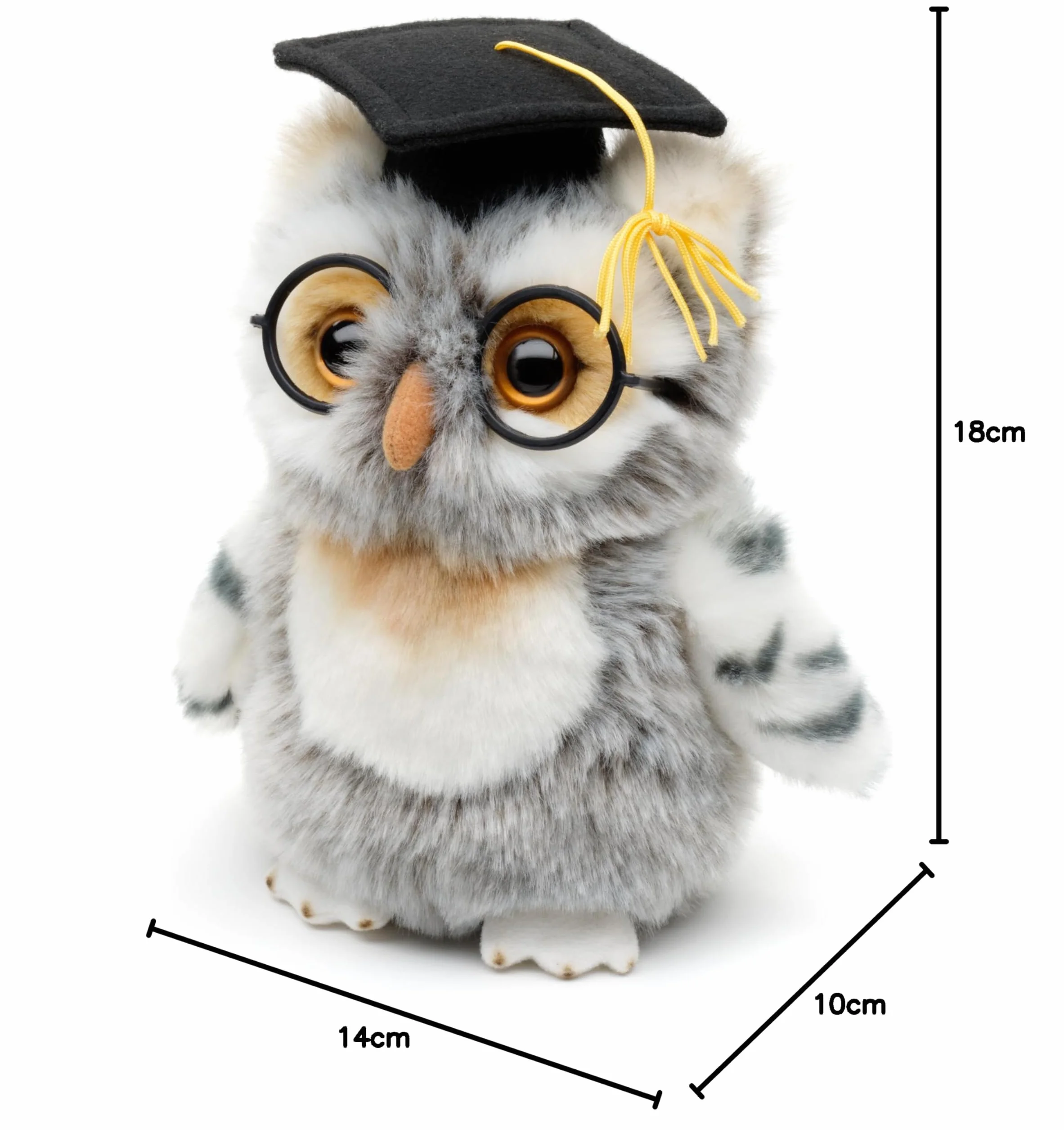 Uni-Toys - Sowa (szaro-biała) z kapeluszem lekarskim i okularami - 18 cm (wysokość) - pluszowy ptak - pluszowa zabawka, przytulanka