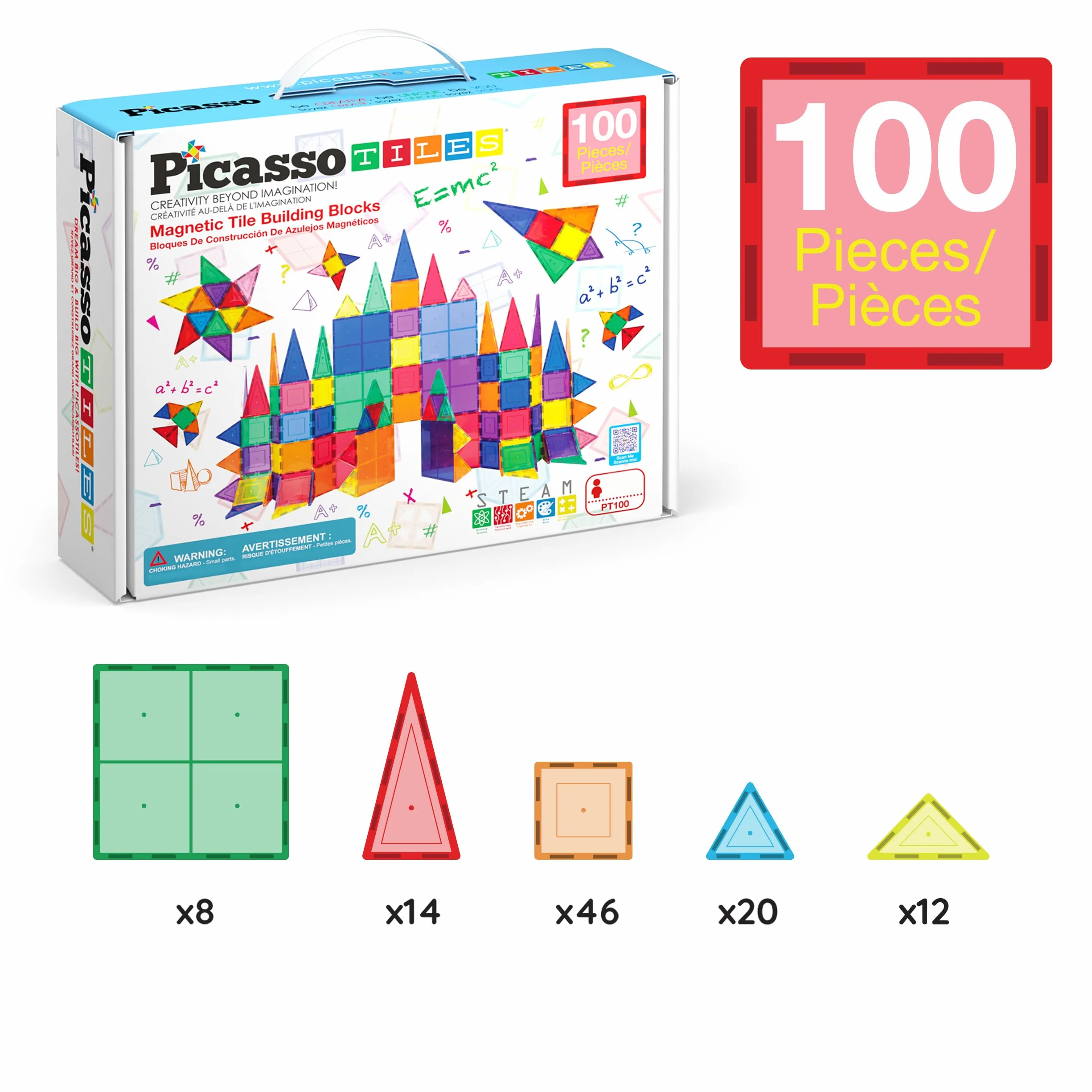 PicassoTiles 100-częściowy zestaw 100sztuk Magnetyczne klocki budowlane Przezroczyste magnetyczne 3D klocki konstrukcyjne Płyty do gry, kreatywność poza wyobraźnią, inspirujące, rekreacyjne