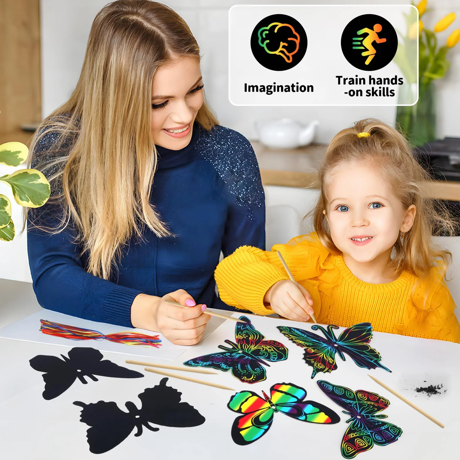 48 sztuk obrazków do zdrapywania motyli, 12 stylów, magiczny papier do zdrapywania, tęczowy obraz z drewnianymi patyczkami i wstążką, do majsterkowania, dekoracji na imprezę