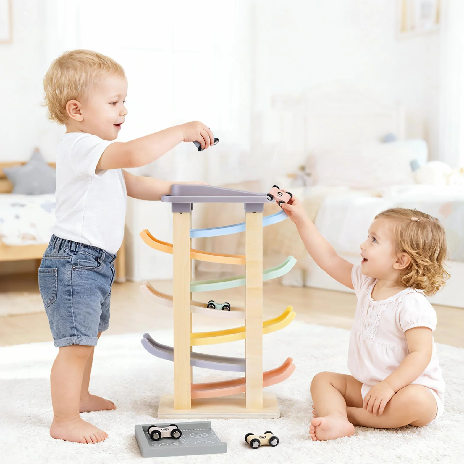 Joyreal Montessori drewniana zabawka dla niemowląt od 1, 2, 3 roku życia, zabawka samochodowa, zabawka dla dzieci, prezent na 1. urodziny, dla chłopców i dziewczynek