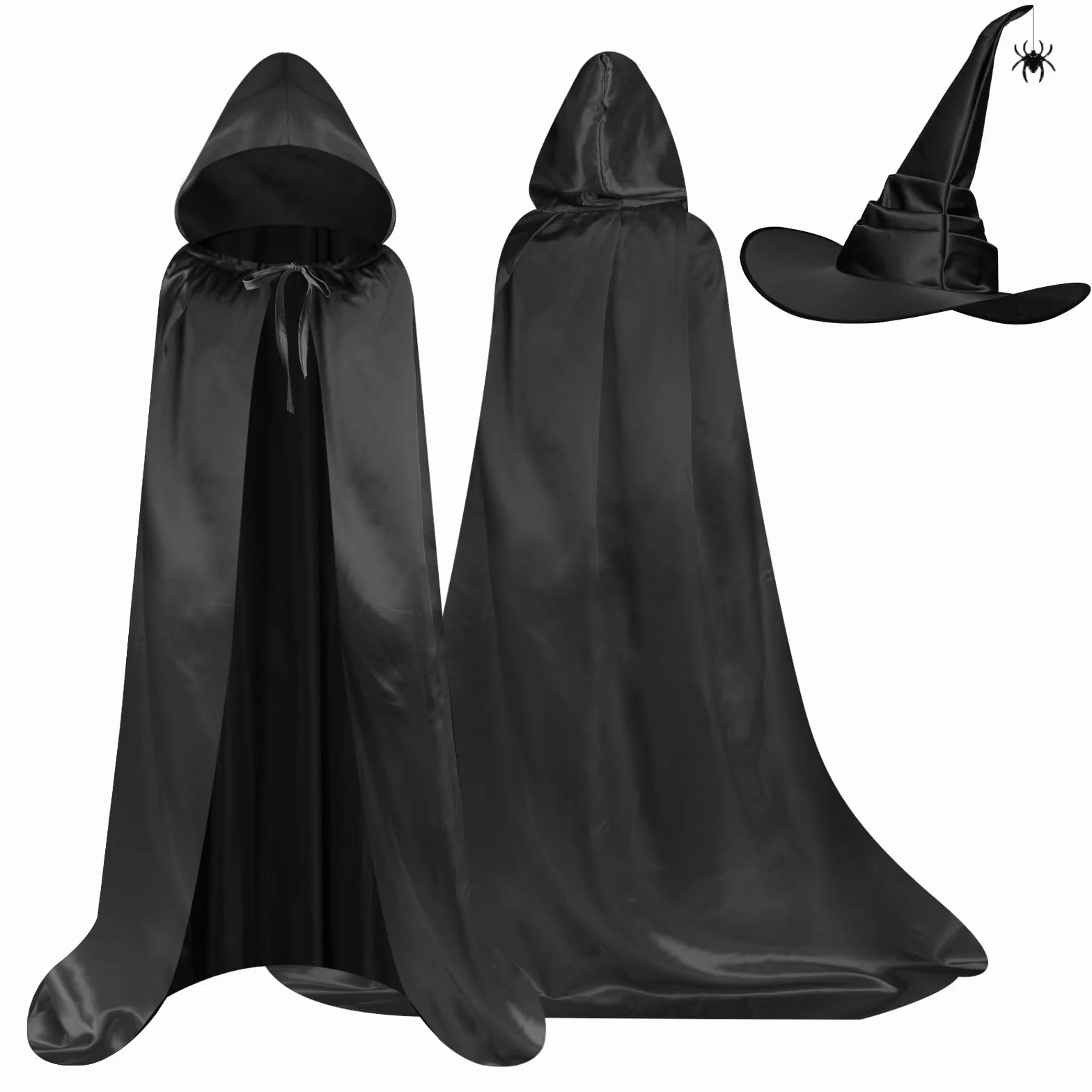 AUYAO Kostium czarownicy, damski kostium czarownicy, kompletny zestaw z peleryną z kapturem/kapeluszem pająka, peleryna na Halloween, kostium dla dorosłych, kobiet i mężczyzn, na Halloween, karnawał