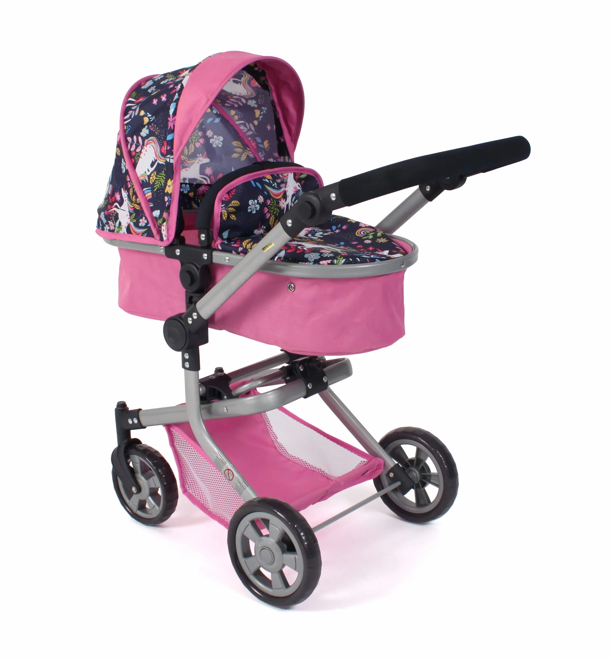 Bayer Chic 2000® Wózek dla lalek 2 w 1 Mika, różowy, granatowy, składany, uchwyt z regulacją wysokości 47-80 cm, nowoczesny stelaż, lalki do 52 cm, 4-8 J, jednorożec