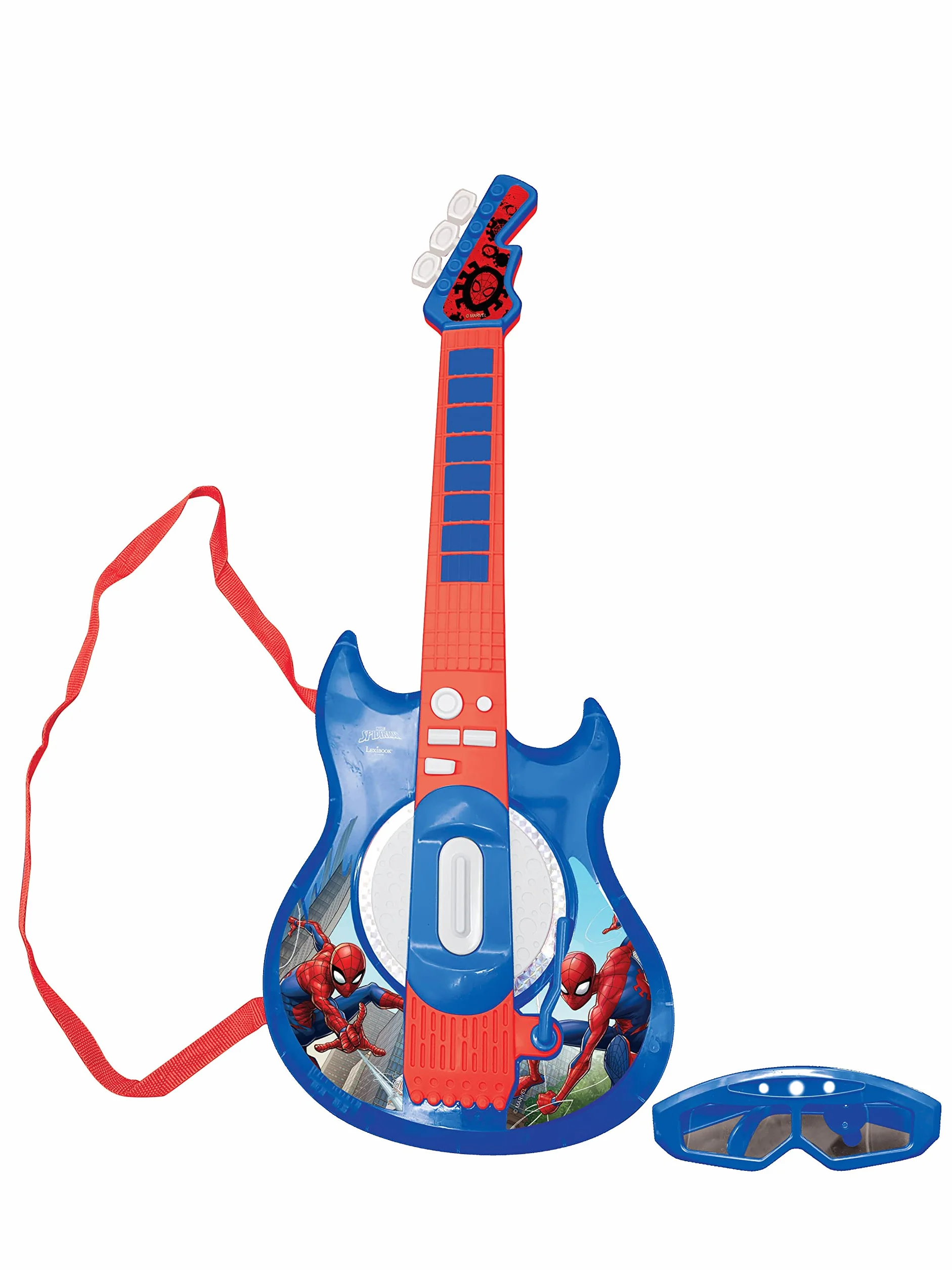 Lexibook K260SP Spider-Man Elektroniczna Gitara Oświetleniowa z Mikrofonem, Okulary z Mikrofonem, Utwory Demonstracyjne, 2 Tryby Gry, Wtyczka Mp3, Niebieski, Czerwony