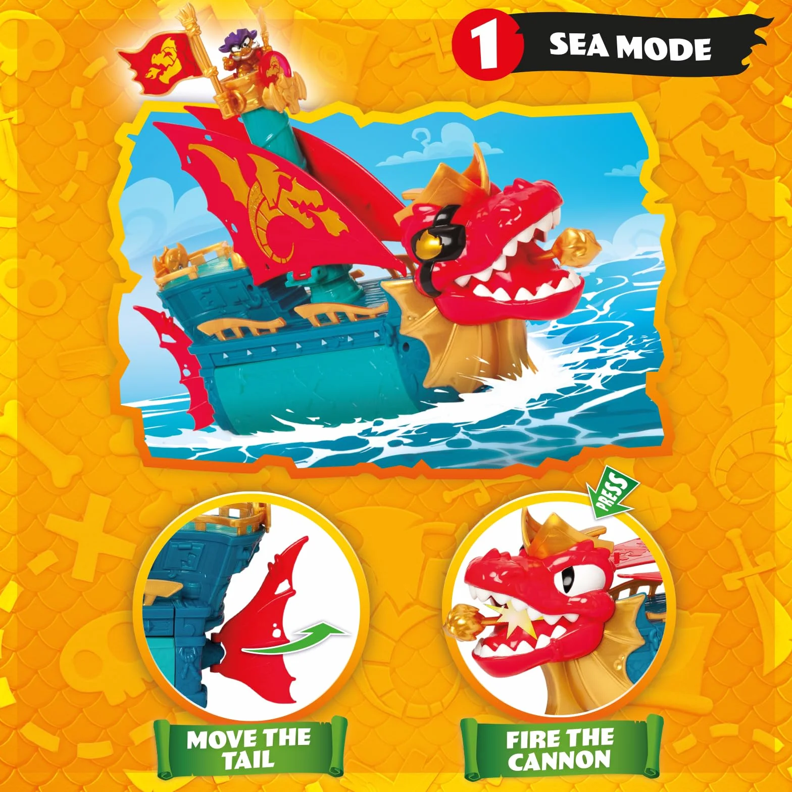 PIRATIX Dragon Ship – smoczy statek z Pyratix, 3 w 1: Ziemia, morze i powietrze. Zawiera 1 statek smoka, 1 ekskluzywny piratik, 1 ekskluzywny skarb, 1 flagę i 1 pocisk