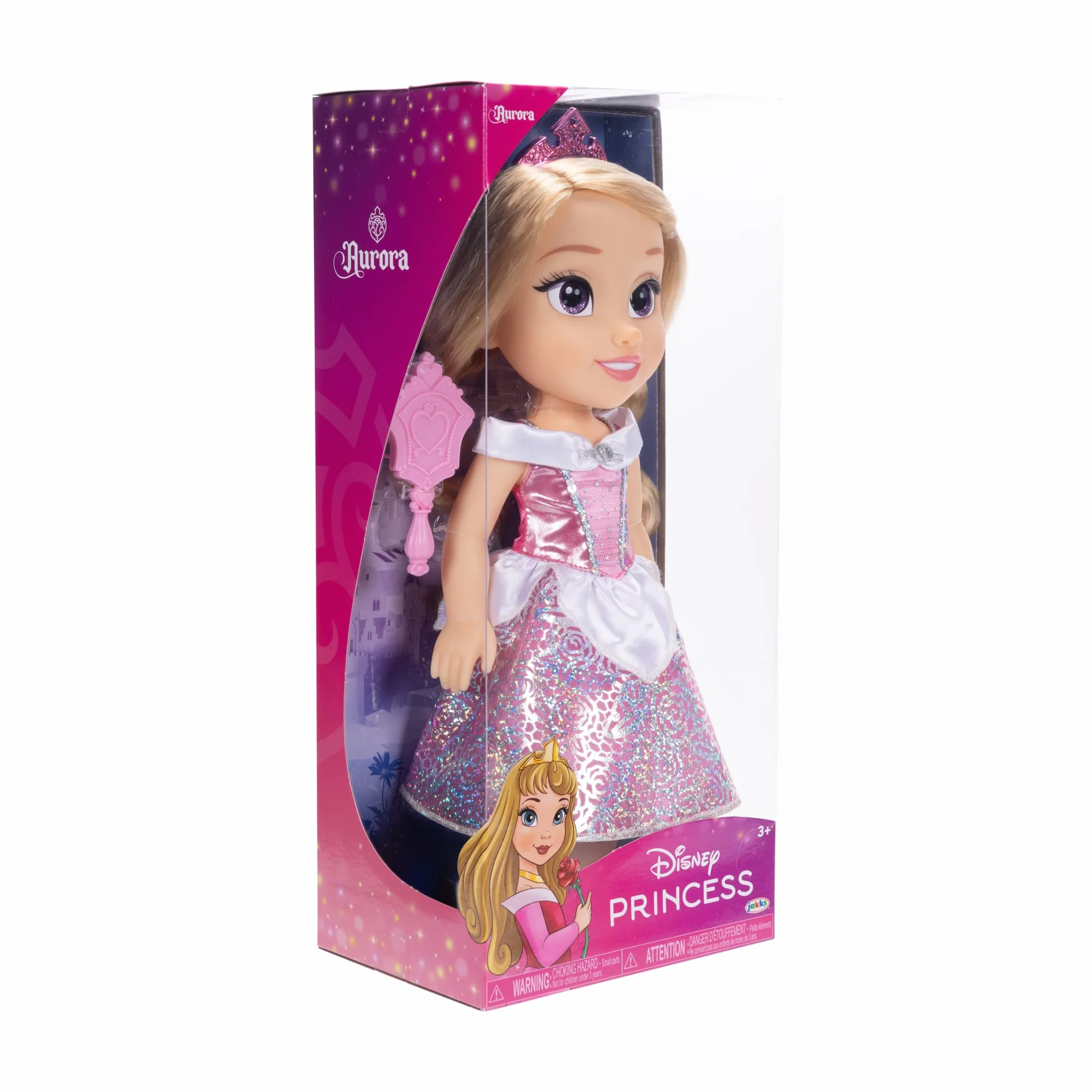 Disney Princess Modna lalka Aurora, 14"/35 cm wysoka lalka z królewskimi oczami refleksyjnymi zawiera błyszczącą platynową sukienkę z nadrukiem holofoilu, buty, tiara i pędzel, idealna dla dziewcząt w
