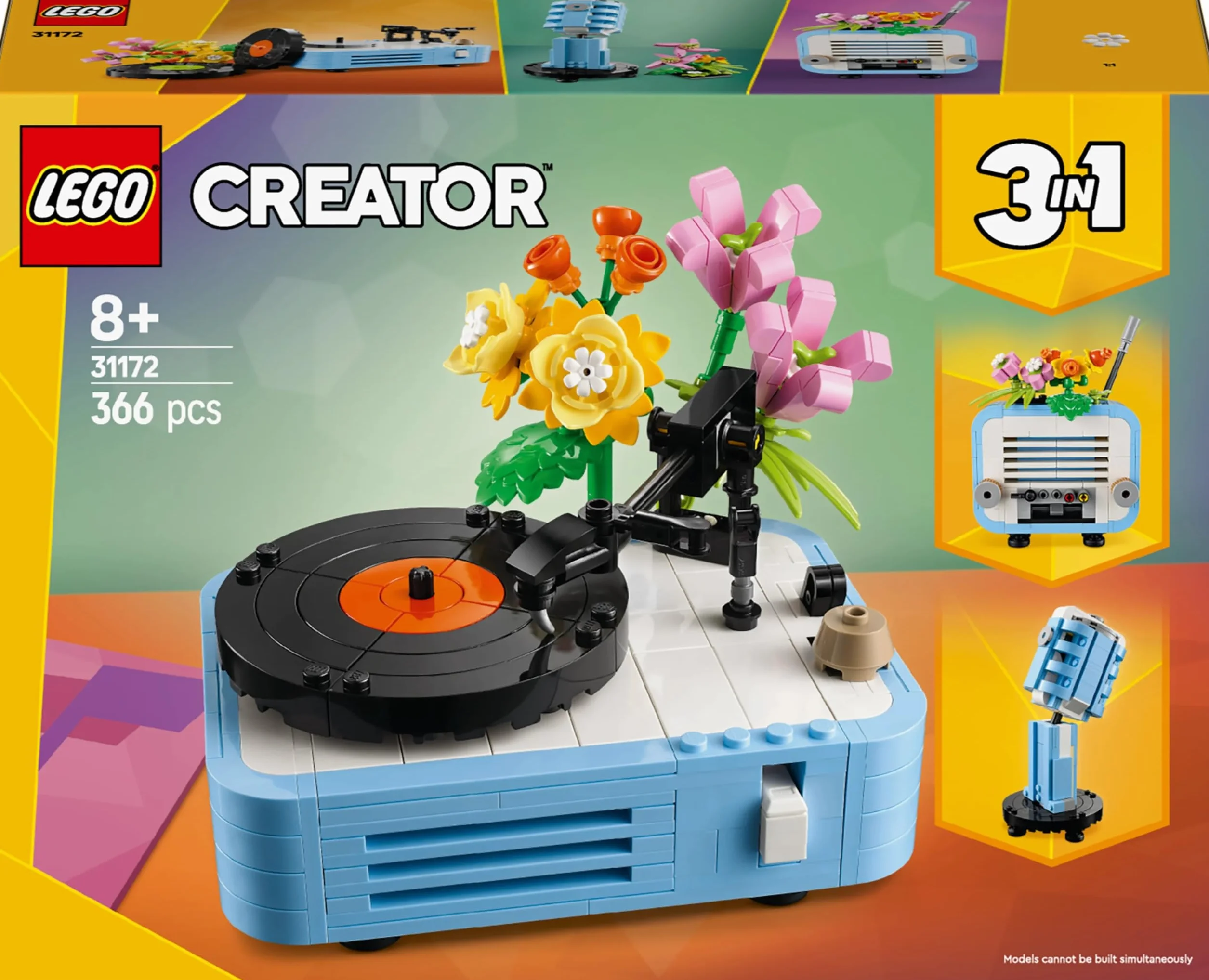 LEGO Creator 3 w 1 Gramofon z kwiatami, zabawka dla dziecka do przebudowania na radio lub mikrofon, zestaw kreatywny, pomysł na prezent muzyczny w stylu retro dla 8-latki, dziewczynki i chłopca 31172