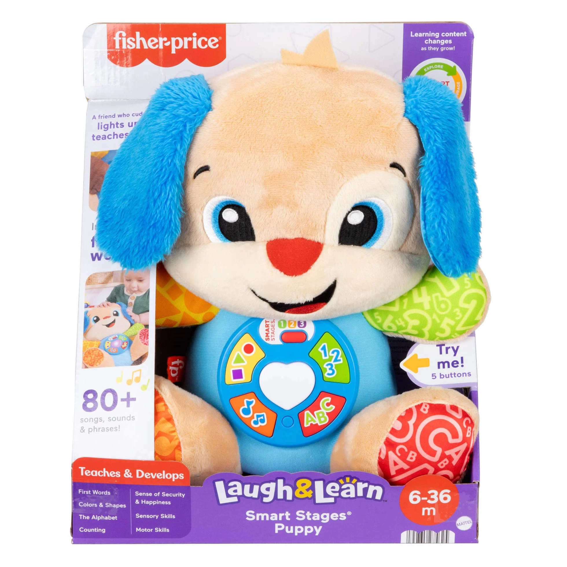 Fisher-Price Śmiech i ucz się zabawki dla niemowląt z muzyką dla małych dzieci Smart Stages dla dzieci w wieku od 6 miesięcy, wielojęzyczny: włoski, hiszpański, portugalski, angielski, JFD26