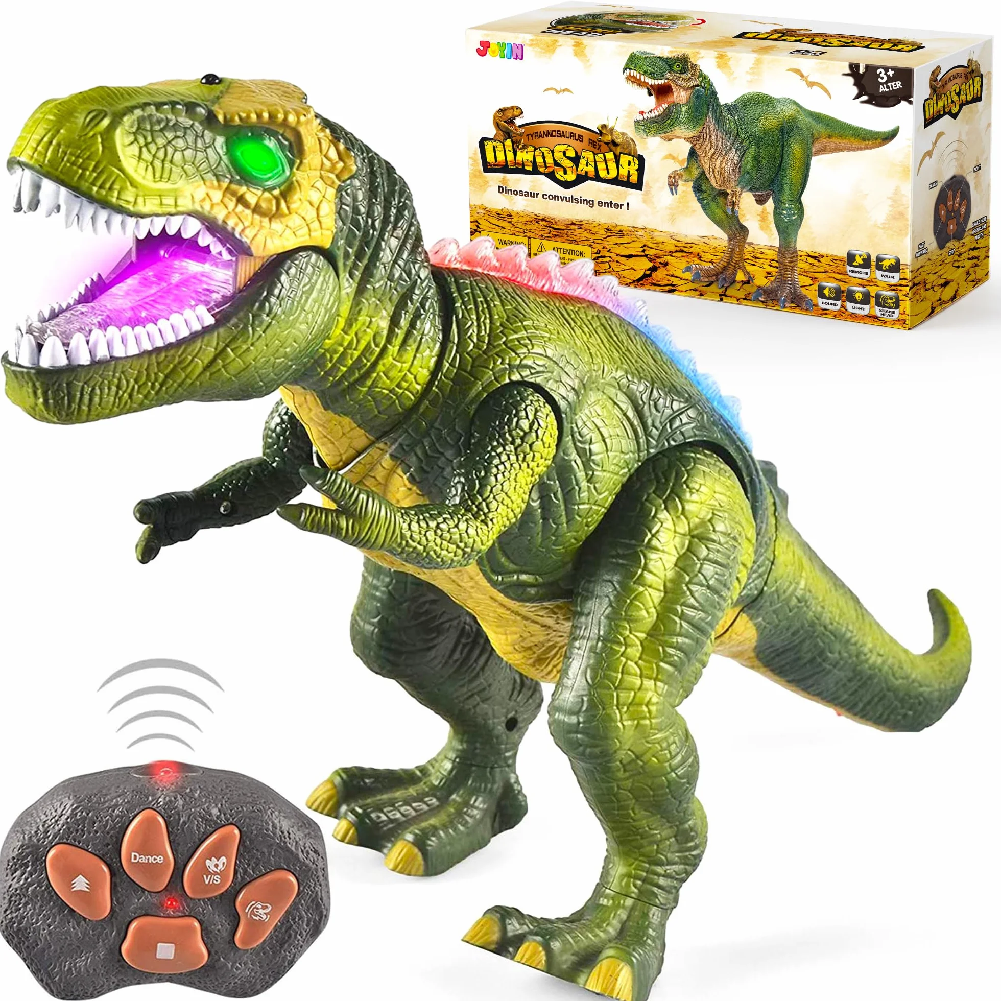 JOYIN Zdalnie sterowana zabawka dla dzieci, zabawka dinozaur T-Rex, dinozaur z chodzeniem, rykiem, świecącymi oczami i wstrząsami głową dla małych dzieci, chłopców i dziewczynek