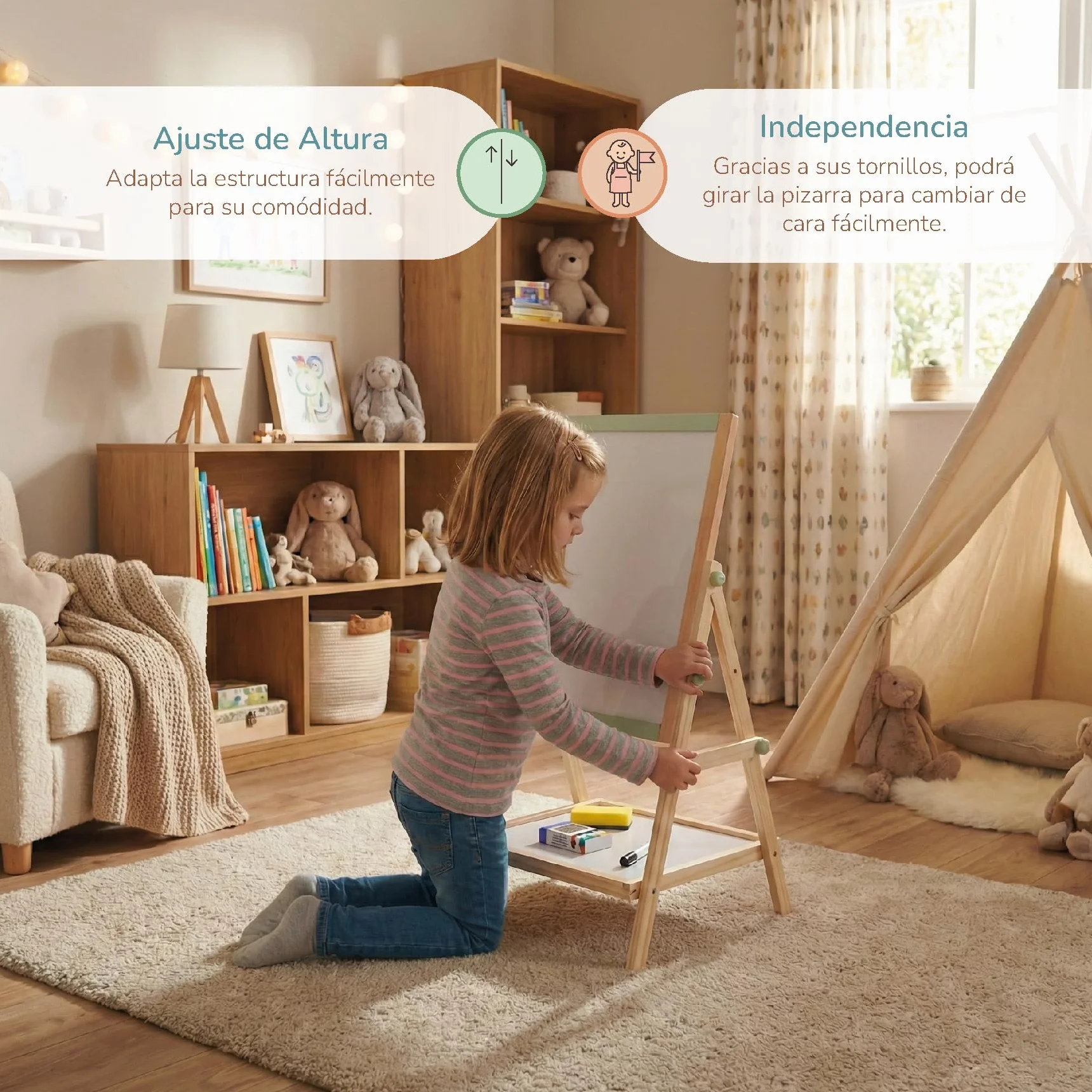 BUDDY BABY Kreatywna tablica dla dzieci Montessori - dwustronna tablica ze sztalugą - w zestawie pudełko na kredę, 2 gumki i 1 długopis - wymiary: 65 x 37 x 35