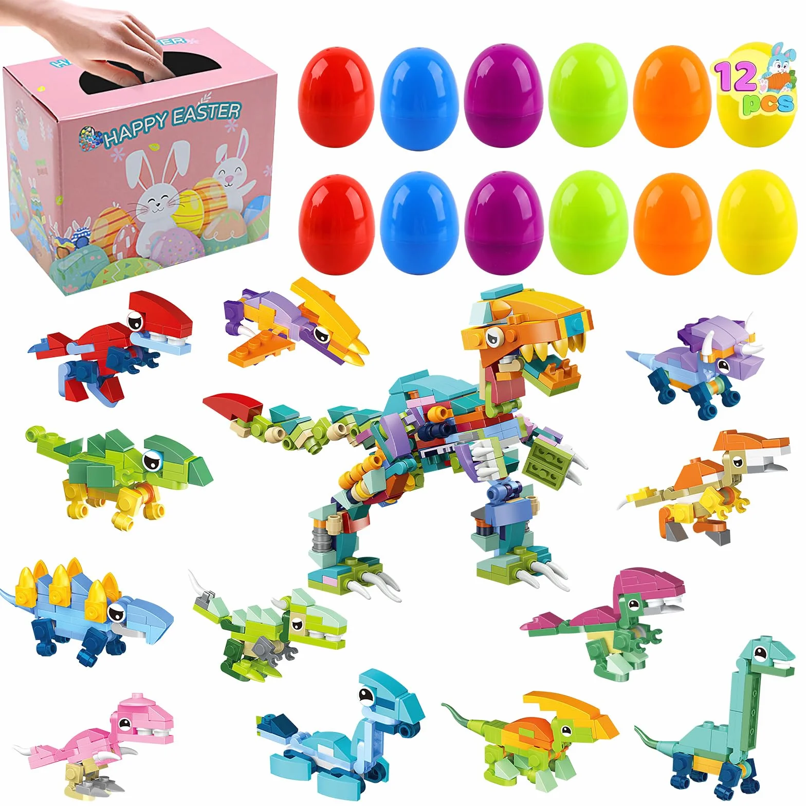 dellyy Pisanki 12 szt. Jajka Niespodzianka, Plastikowe Pisanki Z Klockami Budowlanymi Samochodowymi, Na Wielkanocne Polowanie, Prezenty dla Dzieci I Imprezowe Pamiątki (dinozaury)