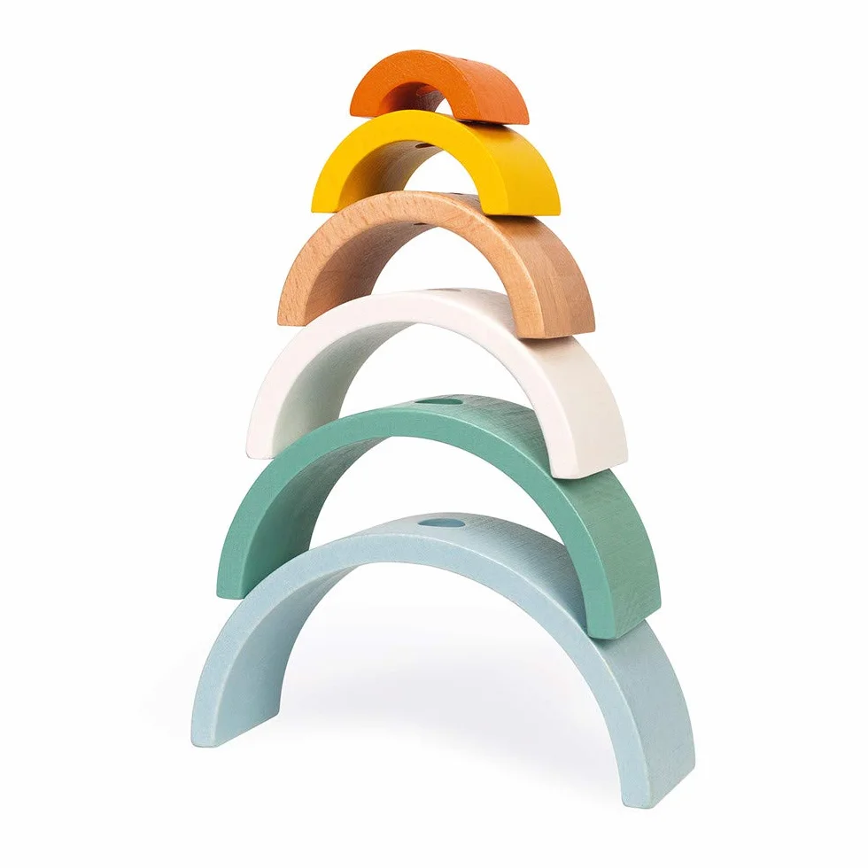 Janod - Wooden Sweet Cocoon Rainbow Turtle - Original Early Learning Game, 6 Stackable Arcs Of Circles - 1st Learnings - Turtle to Pull - Wooden Toy, Water Based Paint - from 18 Months Old, J04405
