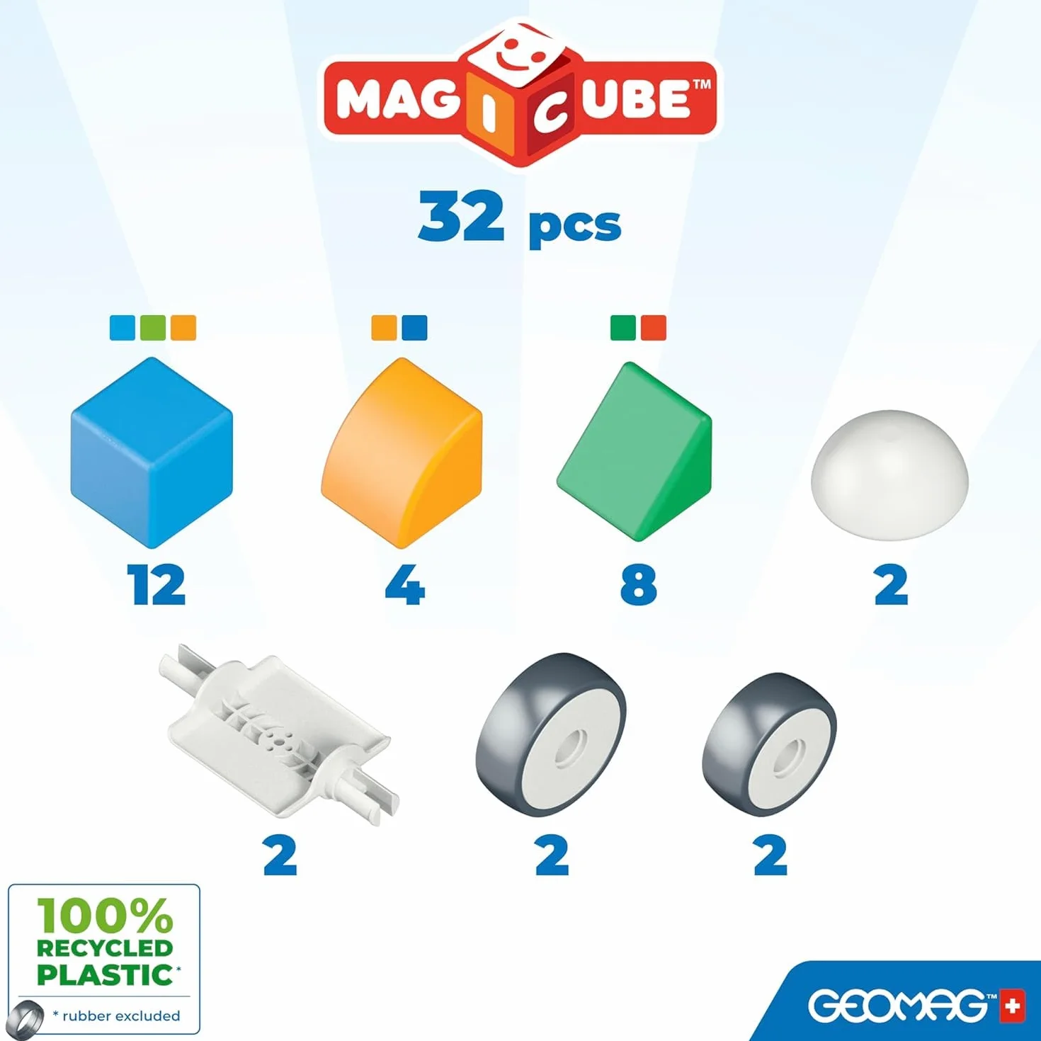 Geomag - Magicube 1+ Shapes - Magiczne Kostki Magnetyczne dla Dzieci, 4 Kolory i Kształty, 32 Bloki, Gra Edukacyjna, 100% Plastiku z Recyklingu