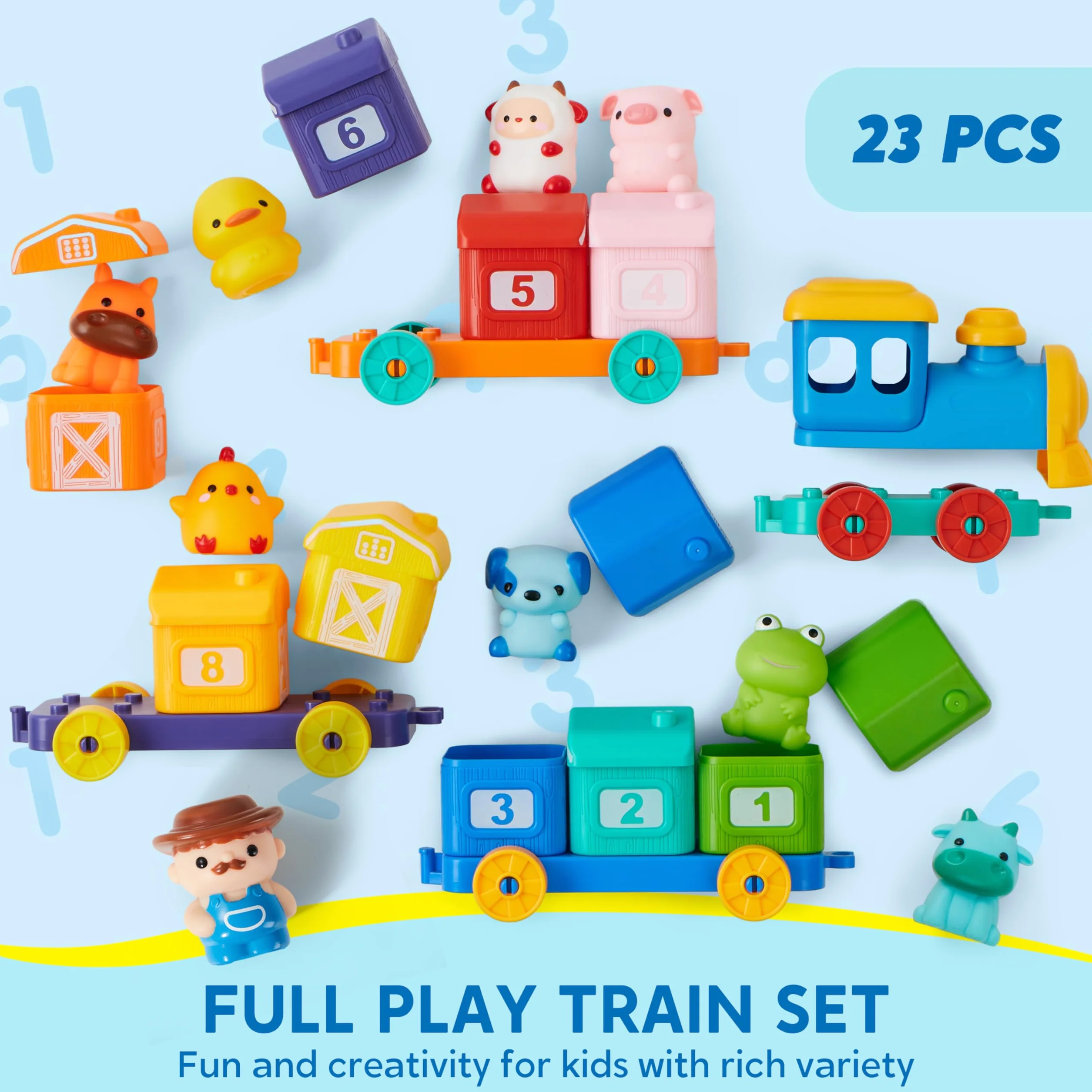 Play-Act Montessori zabawka dla dzieci od 1, 2, 3 lat, pociąg edukacyjny do liczenia, przyporządkowania i sortowania, w zestawie: 9 zwierząt gospodarskich i 1 rolnik, zabawka edukacyjna, prezent dla