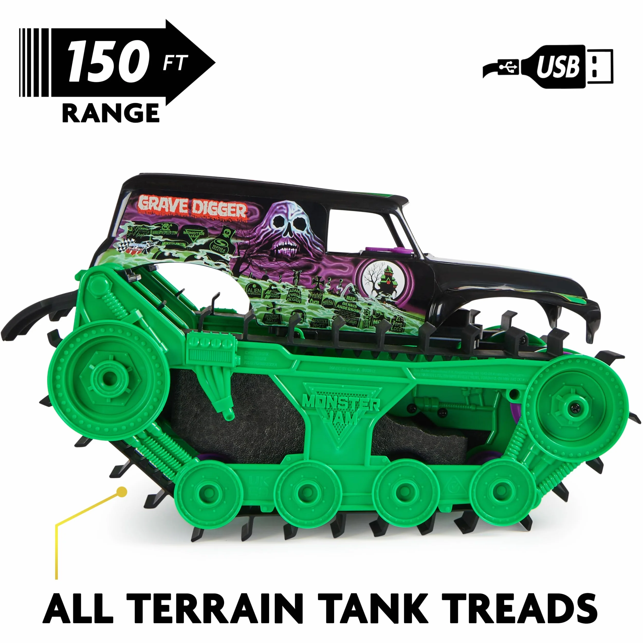 Monster Jam, Grave Digger Trax – bardzo mocny, zdalnie sterowany pojazd łańcuchowy Monster Jam w skali 1:15, do terenu terenowego na lądzie i w wodzie – odpowiedni dla chłopców i dziewczynek od 4 lat