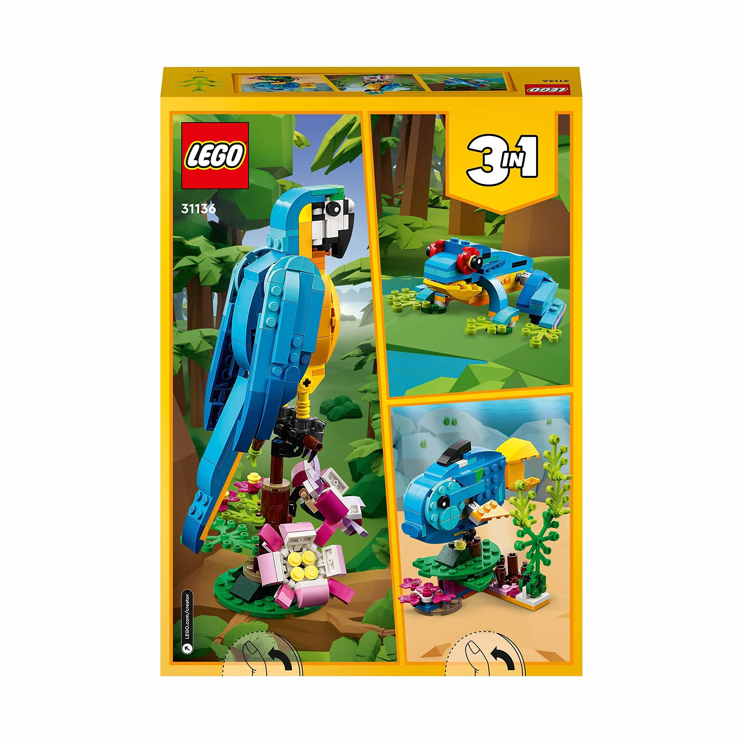 LEGO Creator 3 w 1 Egzotyczna papuga, Figurki Zwierząt z Klocków, Żaba i Ryba, Kreatywna Zabawka dla Dziecka do Budowania, Zestaw Edukacyjny, Prezent dla 7-latka, 31136