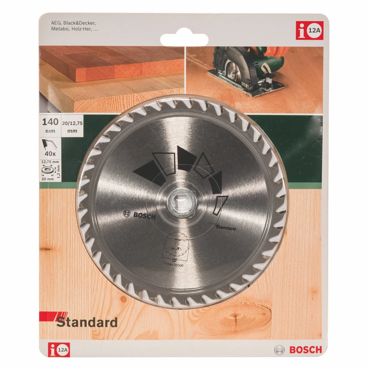 Bosch 1x Tarcza pilarska Standard (do Drewna, Ø 140 x 2.2/1.5 x 20/12.75 mm, 40 Zęby węglikowe, ATB, w tym 1x Pierścień redukcyjny 12.75 mm, Osprzęt pił tarczowych)