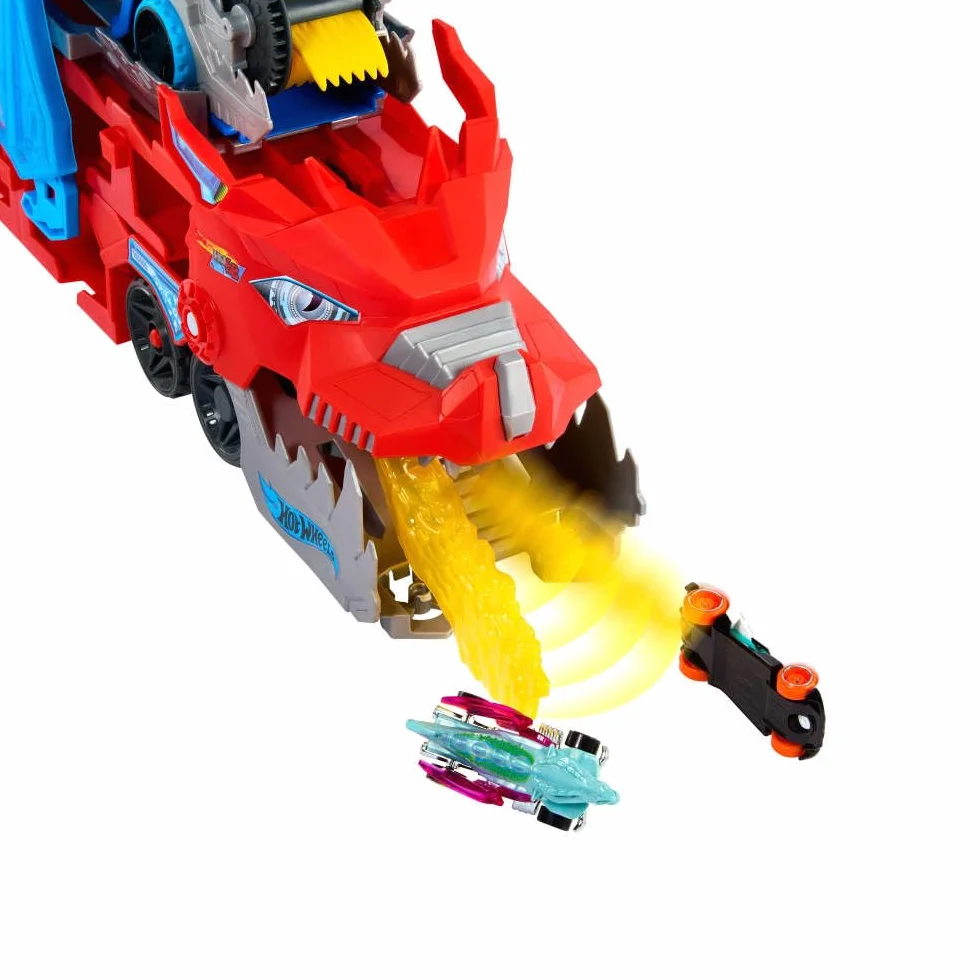 Hot Wheels City zestaw zabawkowych samochodów 2 w 1 i 2 samochody Die-Cast, duży smok i zdejmowany smok, z miejscem na ponad 20 pojazdów, JKJ79