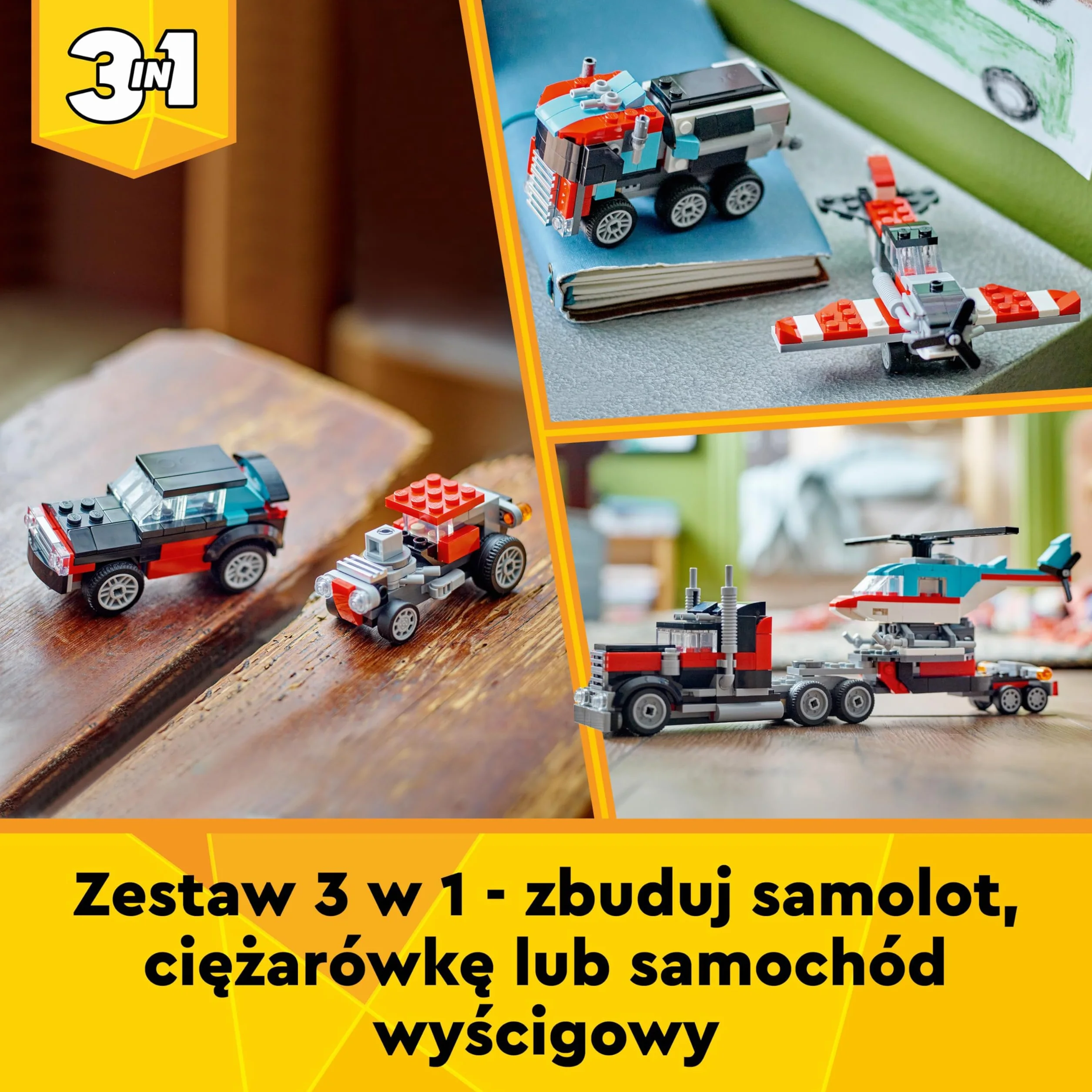 LEGO Creator 3w1 Ciężarówka z platformą i helikopterem 31146