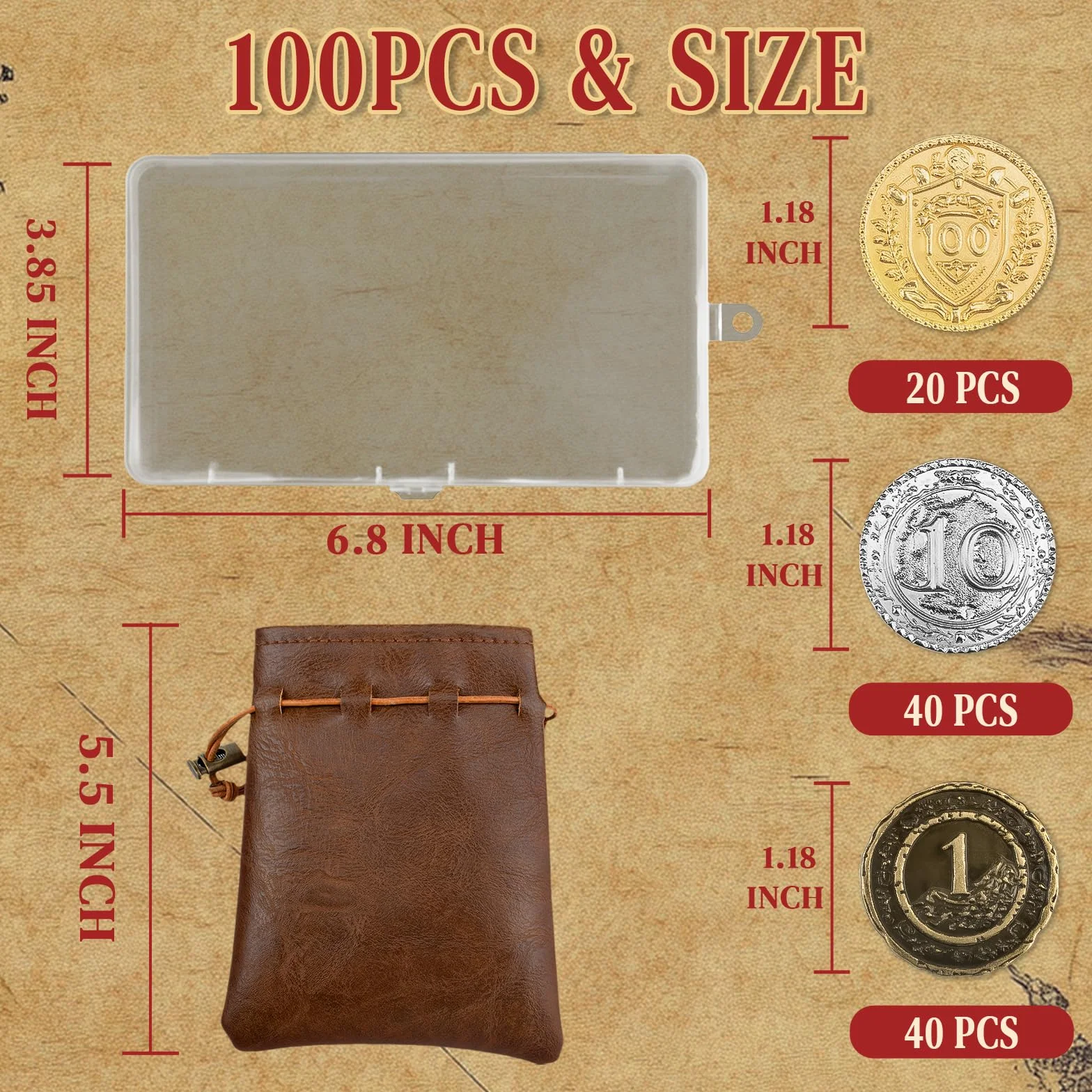Byhoo 100 metalowych monet DND, 1,2", złote, srebrne, miedziane, o wartości nominalnej, do gry planszowej i RPG, Fantasy metalowe monety dla piratów, do zabawy, na imprezę, cosplay