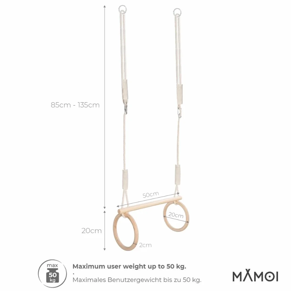MAMOI® Kółka gimnastyczne dla dzieci 2 w 1 | Wielofunkcyjne drewniane kółka gimnastyczne dla dzieci | Drewniane pierścienie gimnastyczne | 100% ECO | Wyprodukowano w UE