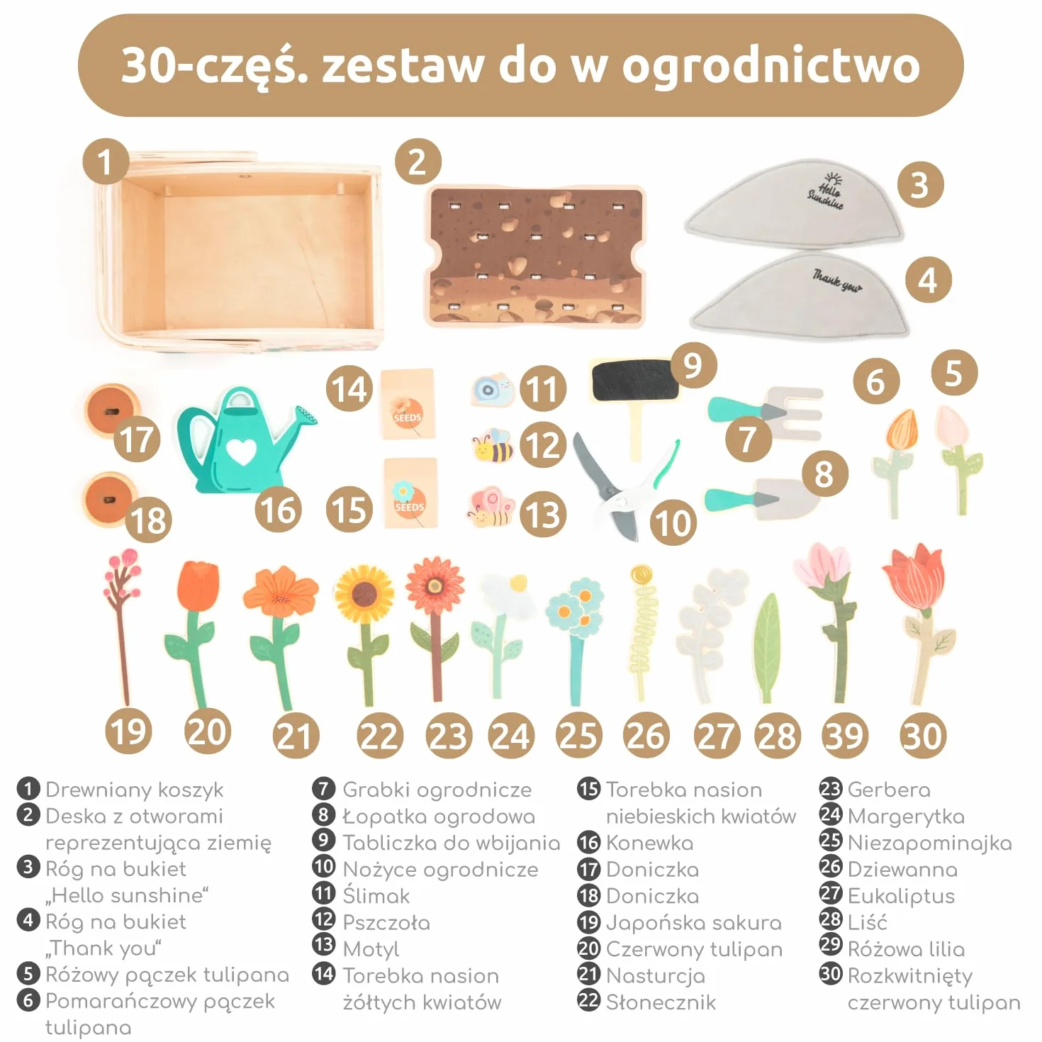 umu® Zestaw ogrodowy z drewna dla dzieci z akcesoriami – zabawka ogrodowa, narzędzia ogrodowe dla dziewcząt i chłopców, konewka, szufla, grabki, edukacyjna od 2-6 lat