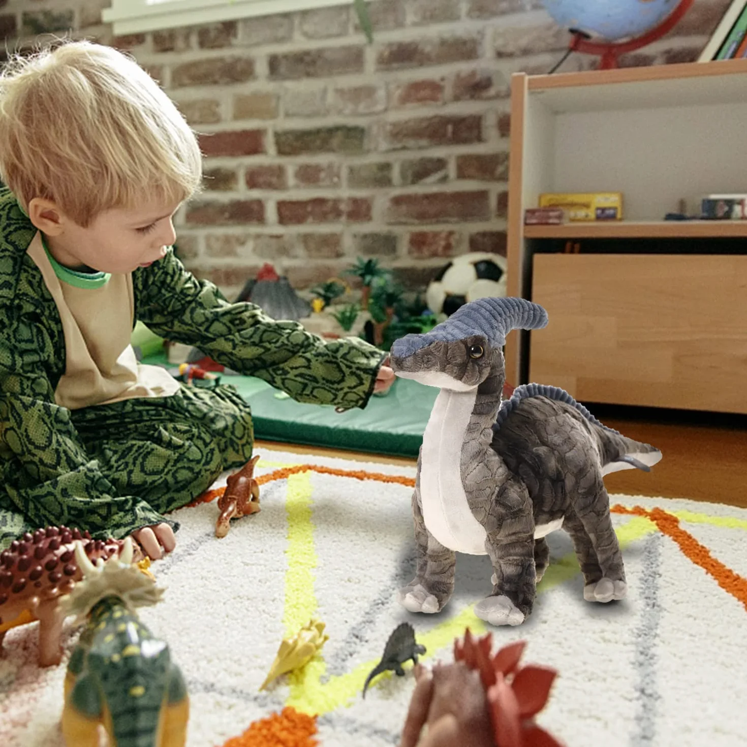 Parasaurolophus pluszowa zabawka z motywem dinozaura, 40 cm, pluszowa zabawka, miękka szarość, prezent dla wszystkich grup wiekowych i okazji