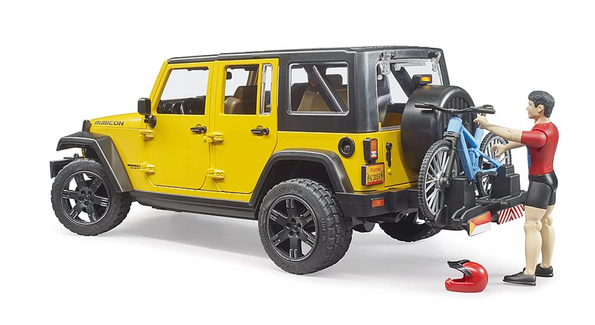 bruder 02543 - Jeep Wrangler Rubicon Unlimited z rowerem górskim i rowerzystą, pojazd terenowy, rower, figurka zabawki
