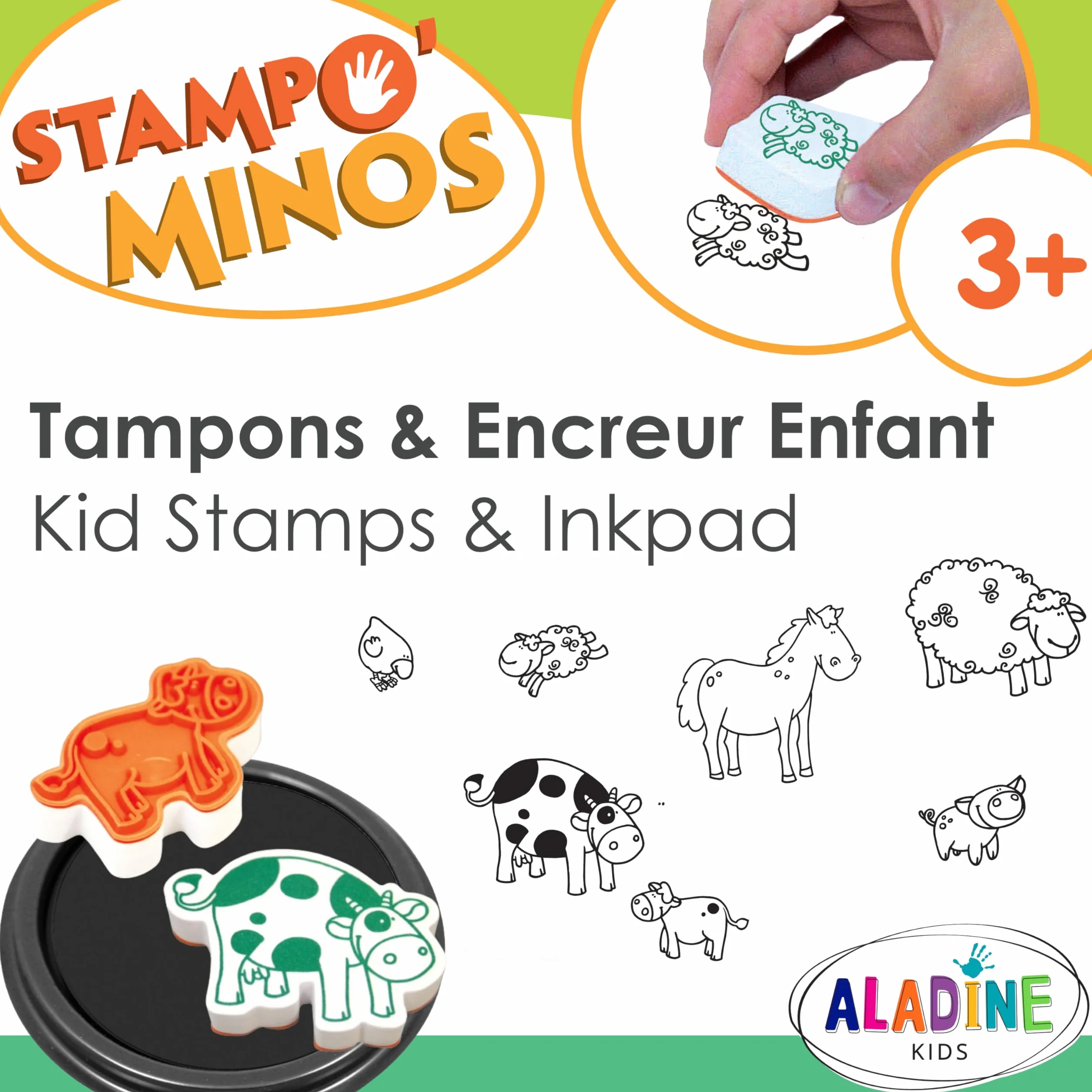Aladine - 10 tamponów dla zwierząt gospodarskich z atramentem - Wkładki dla dzieci od 3 lat - Stampominos - Zmywalny tusz - Krowa Świnia Kurczak Koń, Aktywność Dziecko Rysunek Chłopiec Dziewczynka