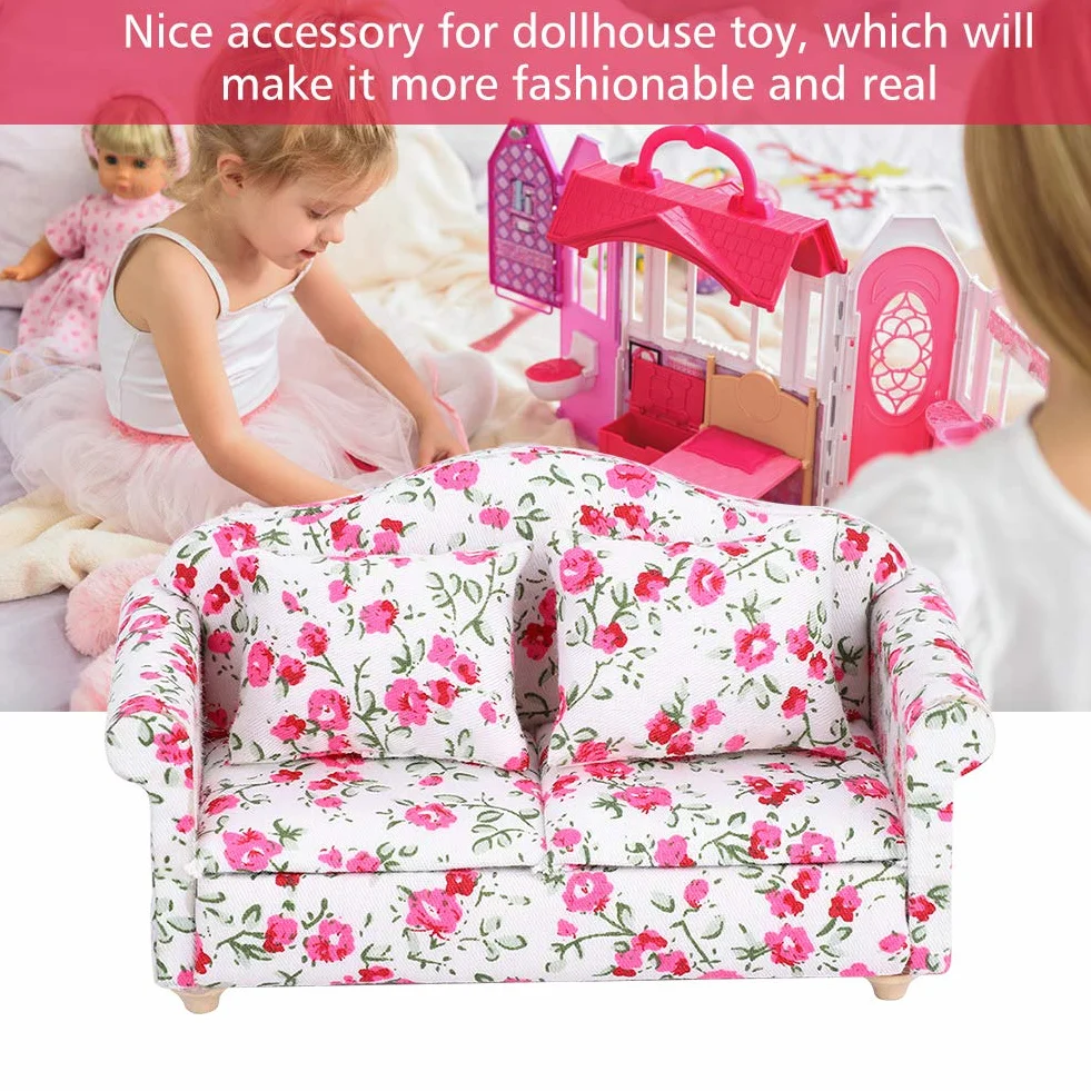 Mini Sofa Domek dla lalek, Akcesoria do dekoracji domku dla lalek Wzór kwiatowy Mini Meble Podwójna sofa dla lalki w skali 1/12 małe skupiska kwiatów
